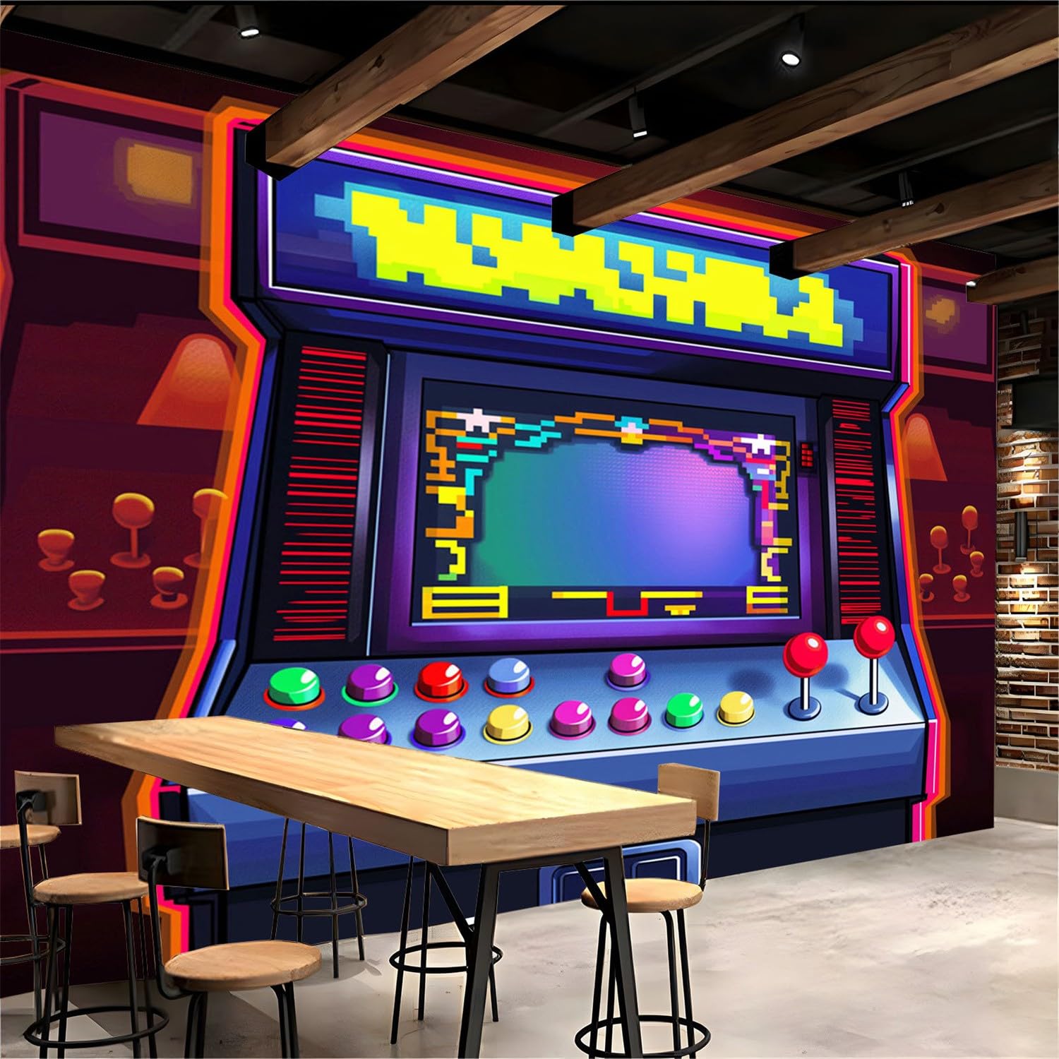 1500x1500 Wallpaper Mural for Bedroom W138 x H100 Cartoon Video Game Arcade Cabinet 3D Wall Murals, Non Woven Fabric Large Retro Wall Art Mural for Living Room, Office, Sofa Wallpaper Not Peel