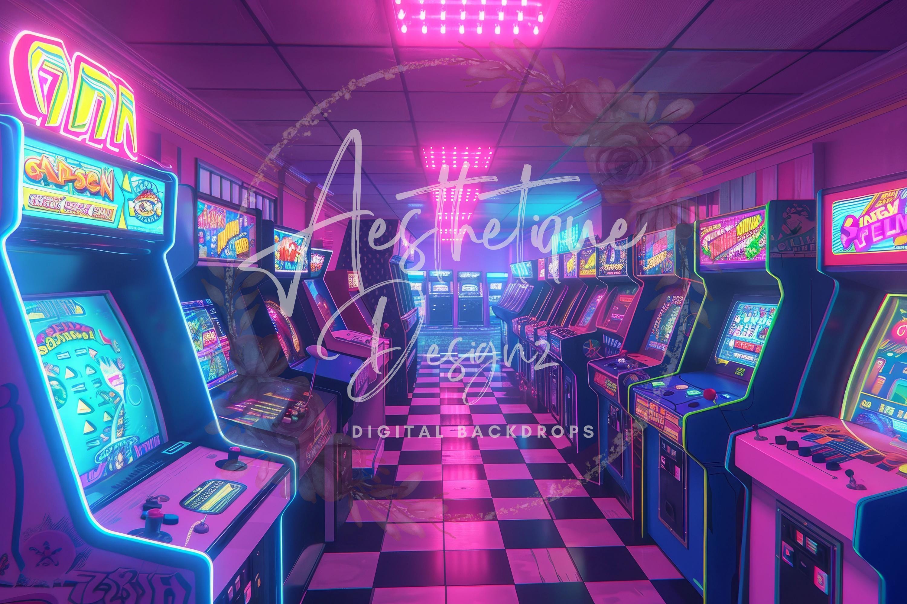 3000x2000 Retro Arcade Gaming Room Digital Backdrop for Old Arcade Machine Composite Image Neon Lights Digital Background for Creative Retro Arcades