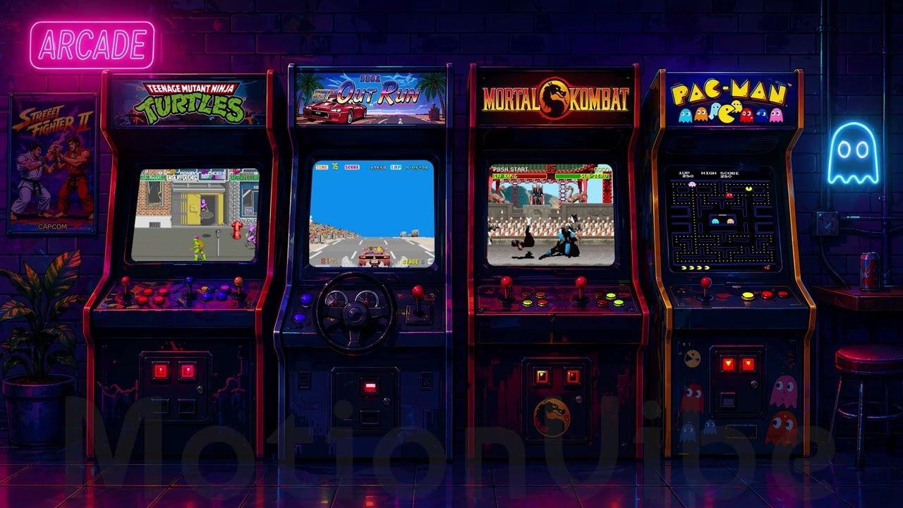 1280x720 Retro Arcade Animated Background. Pac Man, Mortal Kombat, Street Fighter, 90s Arcade Vibes