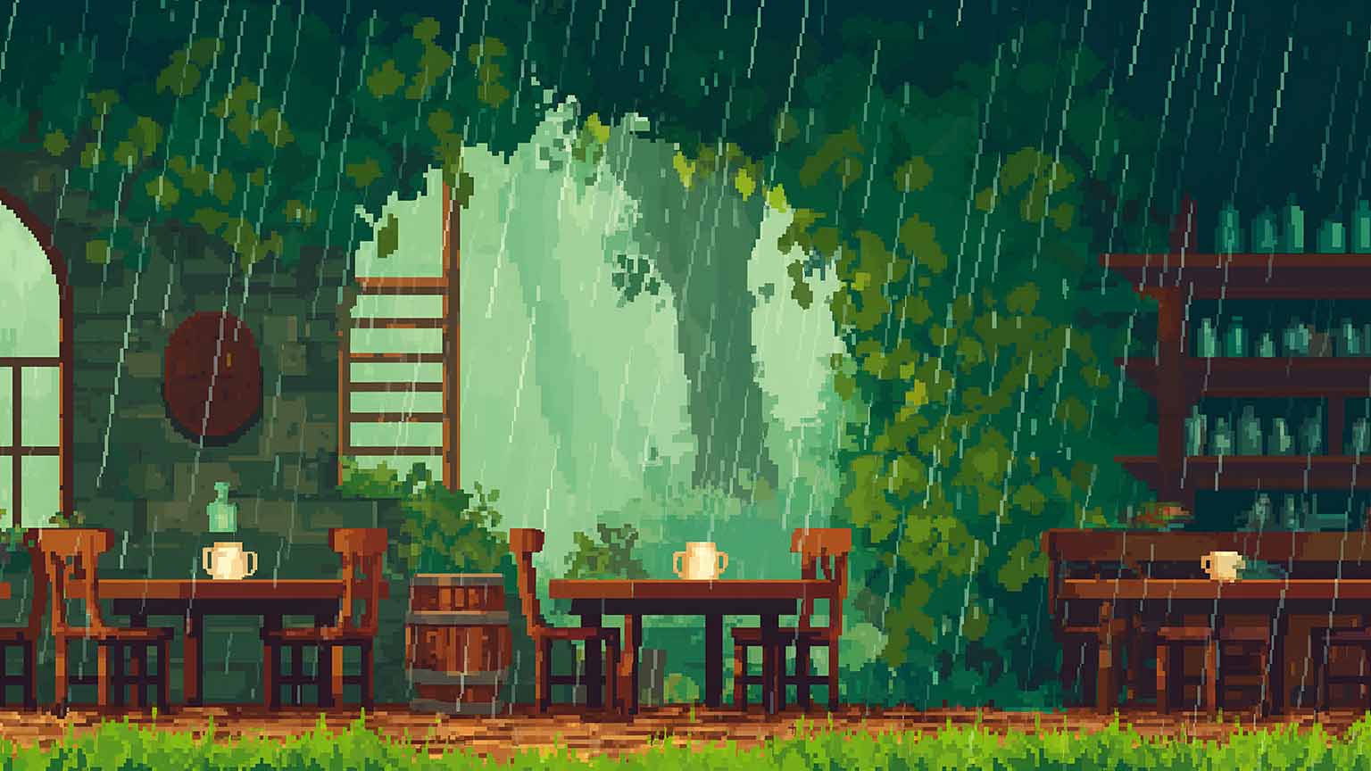 1536x864 Pixel Art Rainy Cafe Interior Desktop Wallpaper