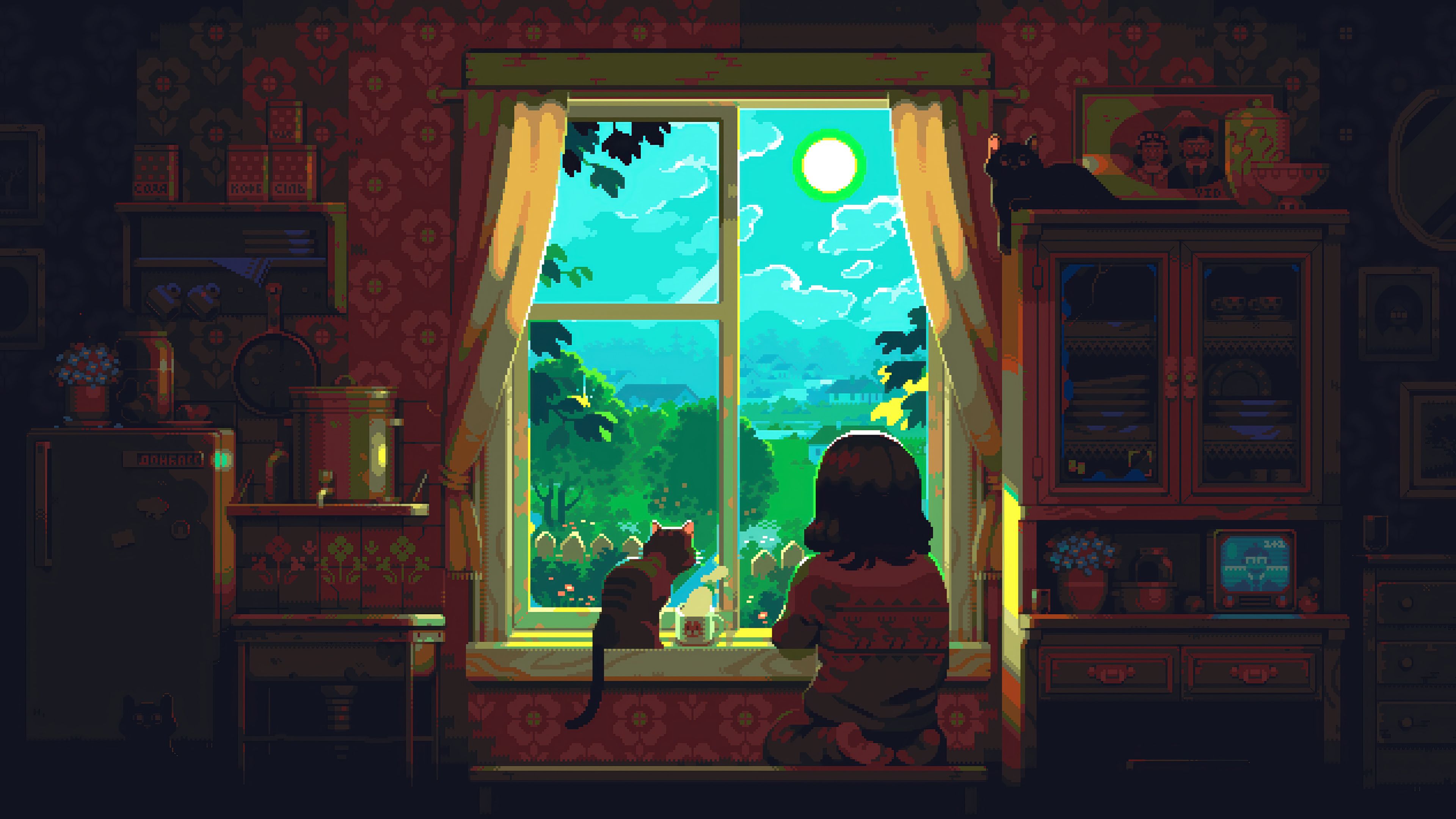 3840x2160 Cozy Room Window Coffee Cat Pixel Art Wallpaper 4K HD PC h