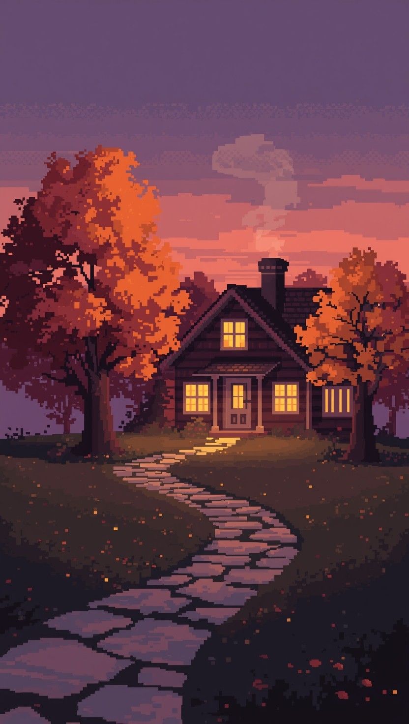 832x1472 Download Cozy Pixel Cottage Image, Cottage, Autumn