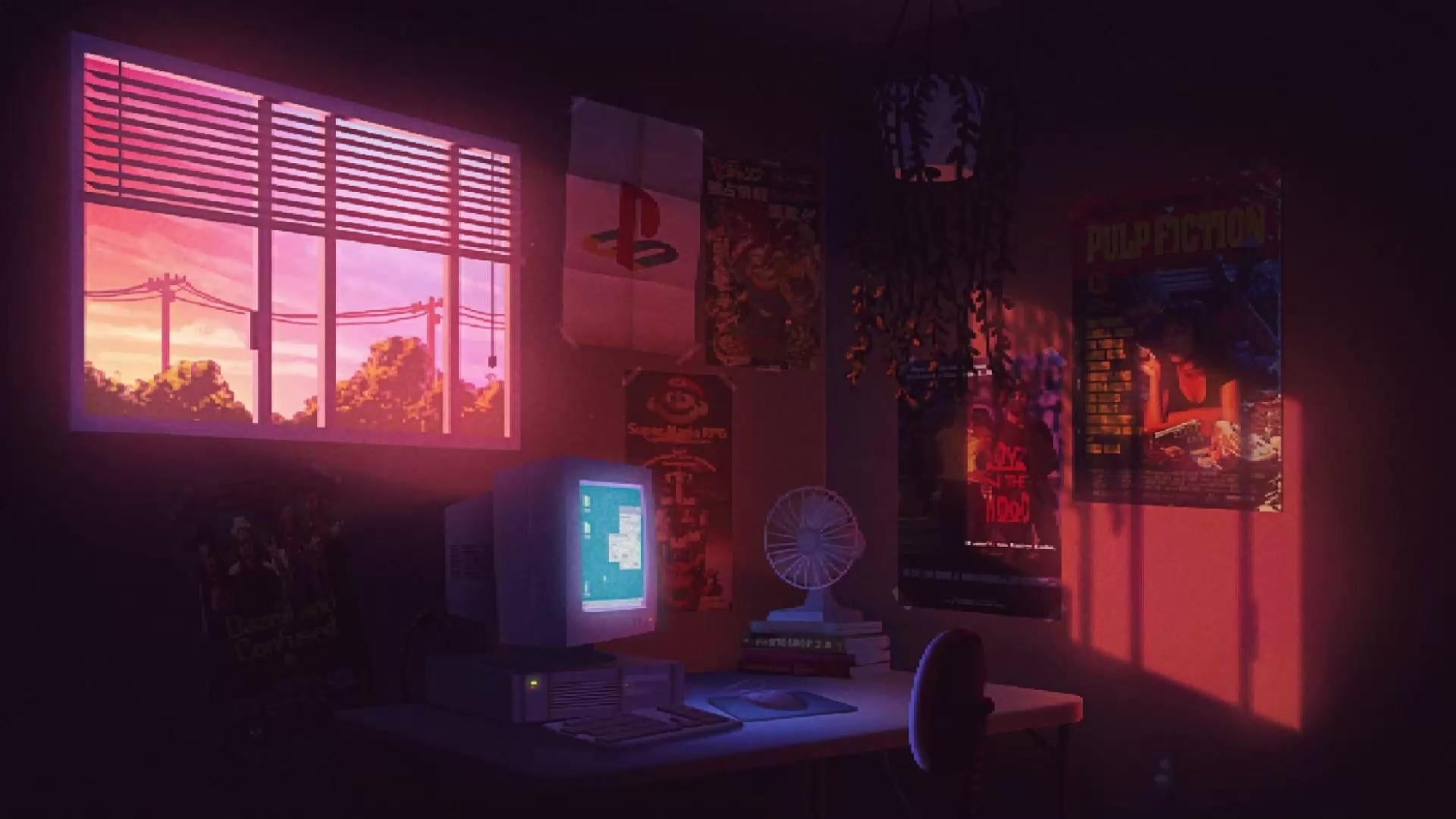 1920x1080 Seeking meaningful pixel art image that I can no longer find. Cozy 90s bedroom with skyline view and midi keyboard, pink and orange vibes. Please help! (Pic unrelated)