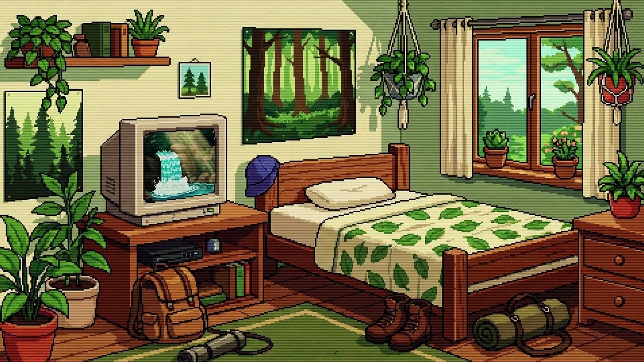 1280x720 Cozy Nature Bedroom Pixel Art Ambience