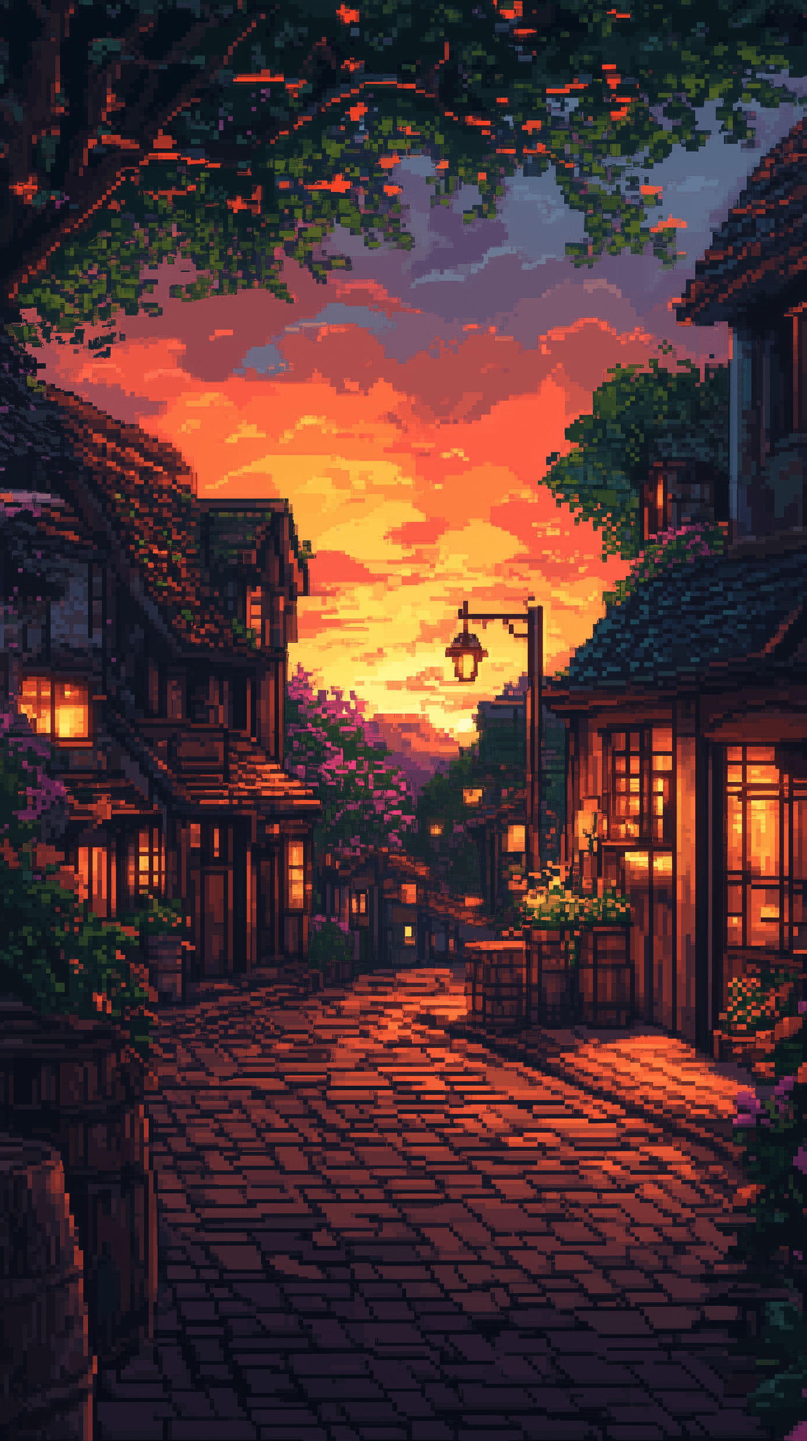 1632x2912 Cozy Pixel Art Town Wallpaper