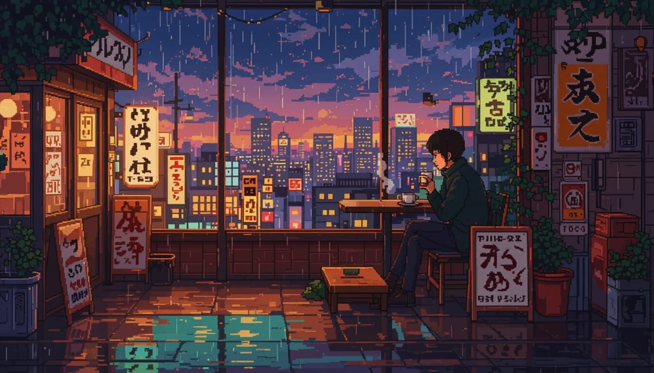 1344x768 Cozy Tokyo Night Scene in Pixel Art Style