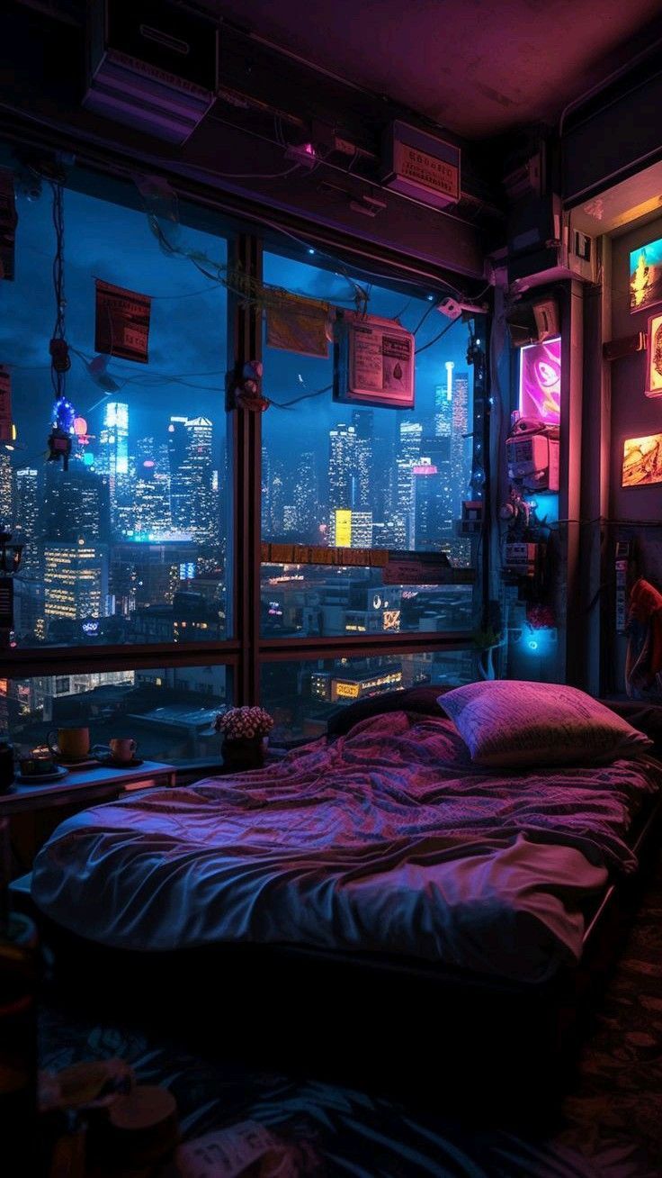 736x1308 Neon Cyberpunk Bedroom with a View. Room ideas, Room inspo, Cyberpunk room