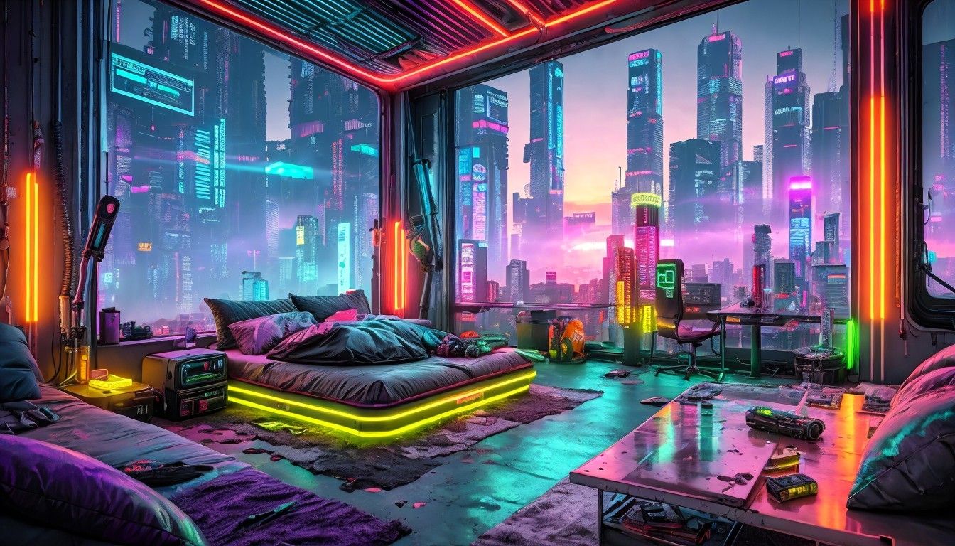 1344x768 Futuristic Neon Lit Bedroom With Cyberpunk Cityscape View. Deep Dream Generator