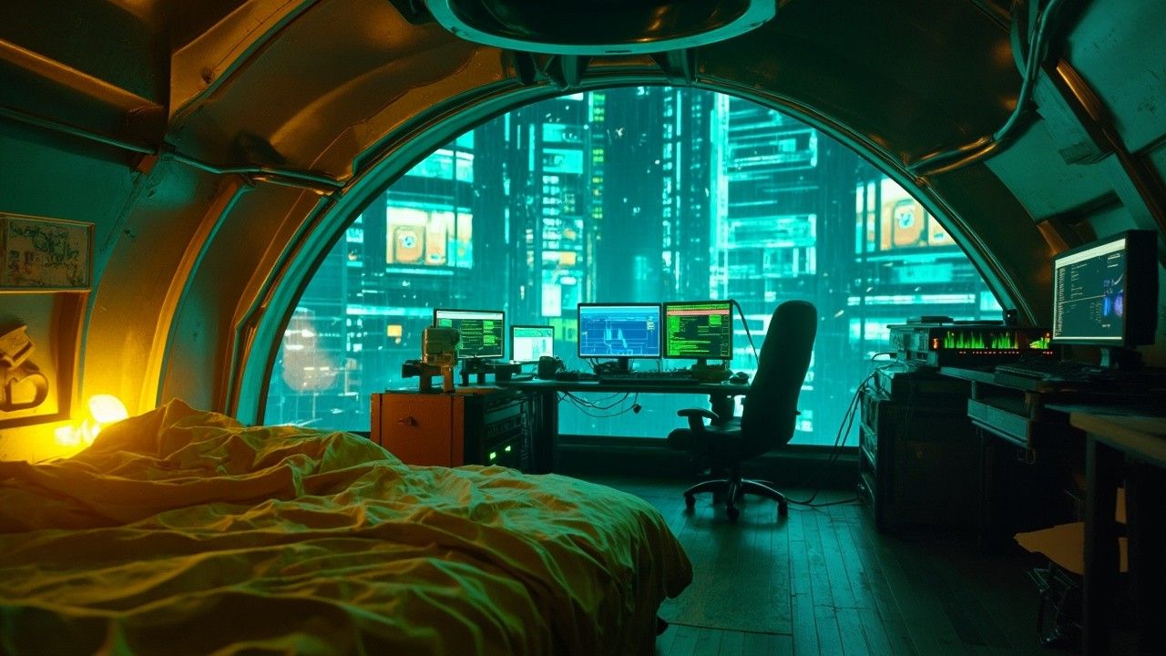 1280x720 Futuristic Cyberpunk Bedroom with Neon Blue Cityscape View and Hacker Workstation