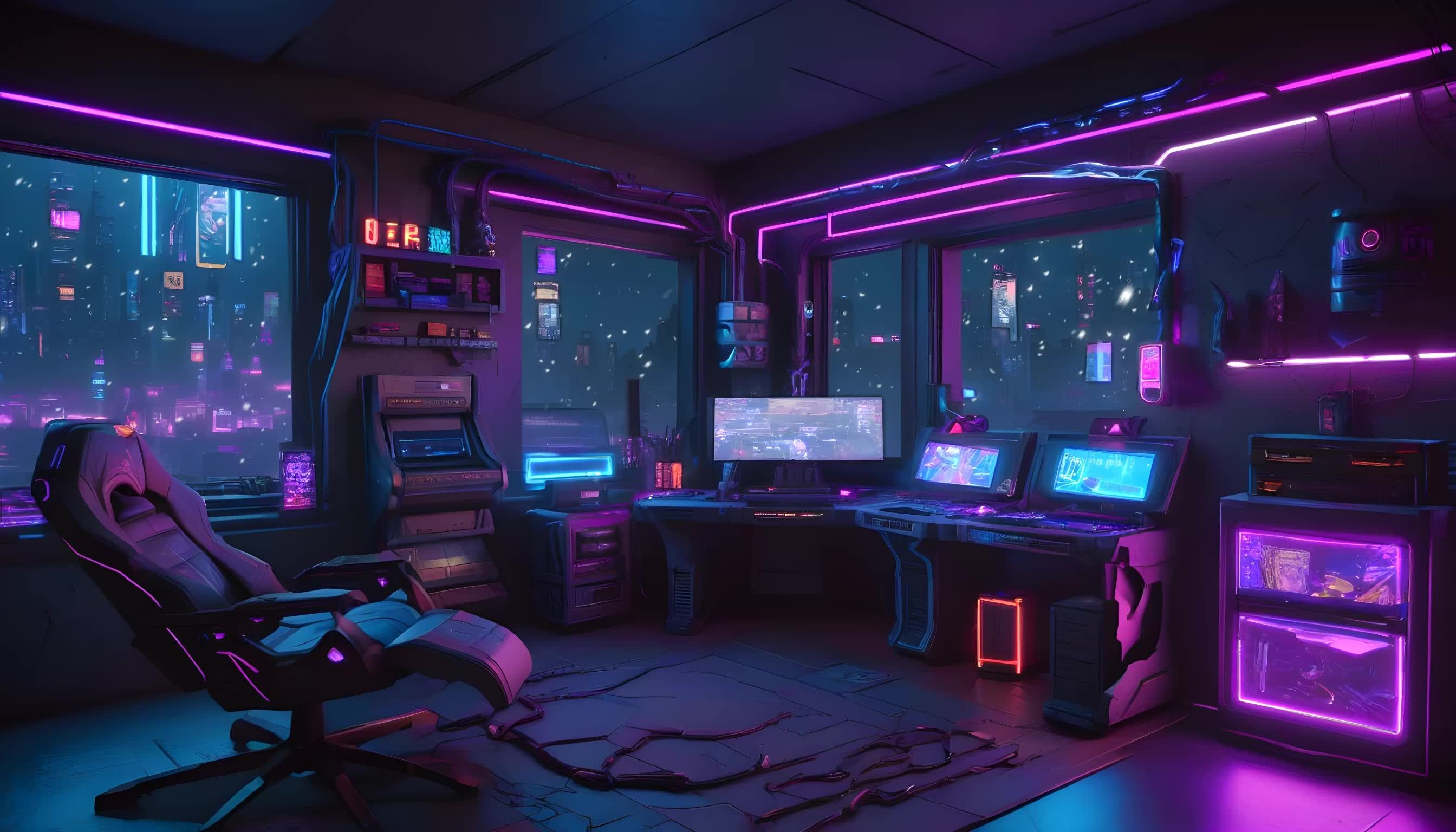 2688x1536 Virtual Cyberpunk Bedroom: Neon Ambiance & Skyline View. Perfect for Twitch, OBS, Zoom Streaming Sessions