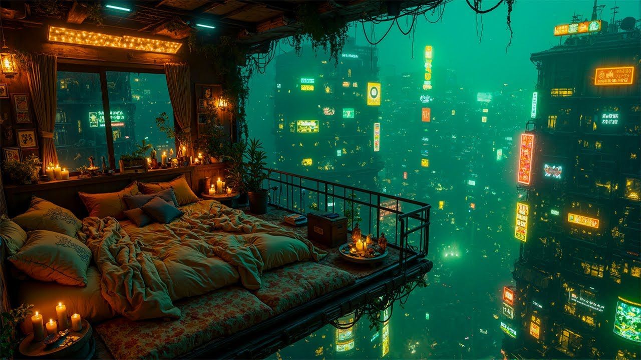 1280x720 Cozy Cyberpunk Bedroom Overlooking a Neon Megacity. Warm Lights & Futuristic NightK
