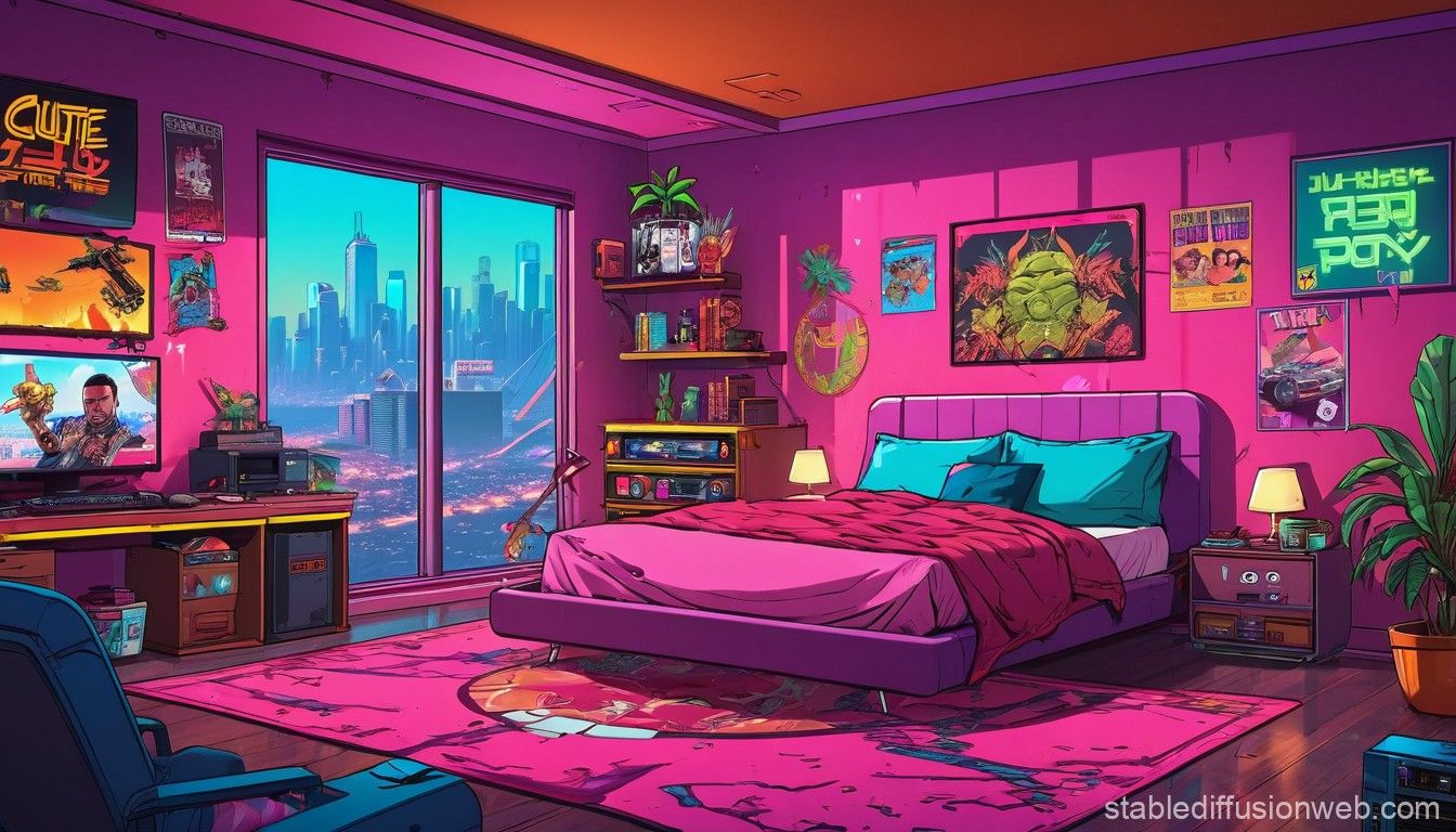 1344x768 Cyberpunk Bedroom Illustration. Stable Diffusion Online