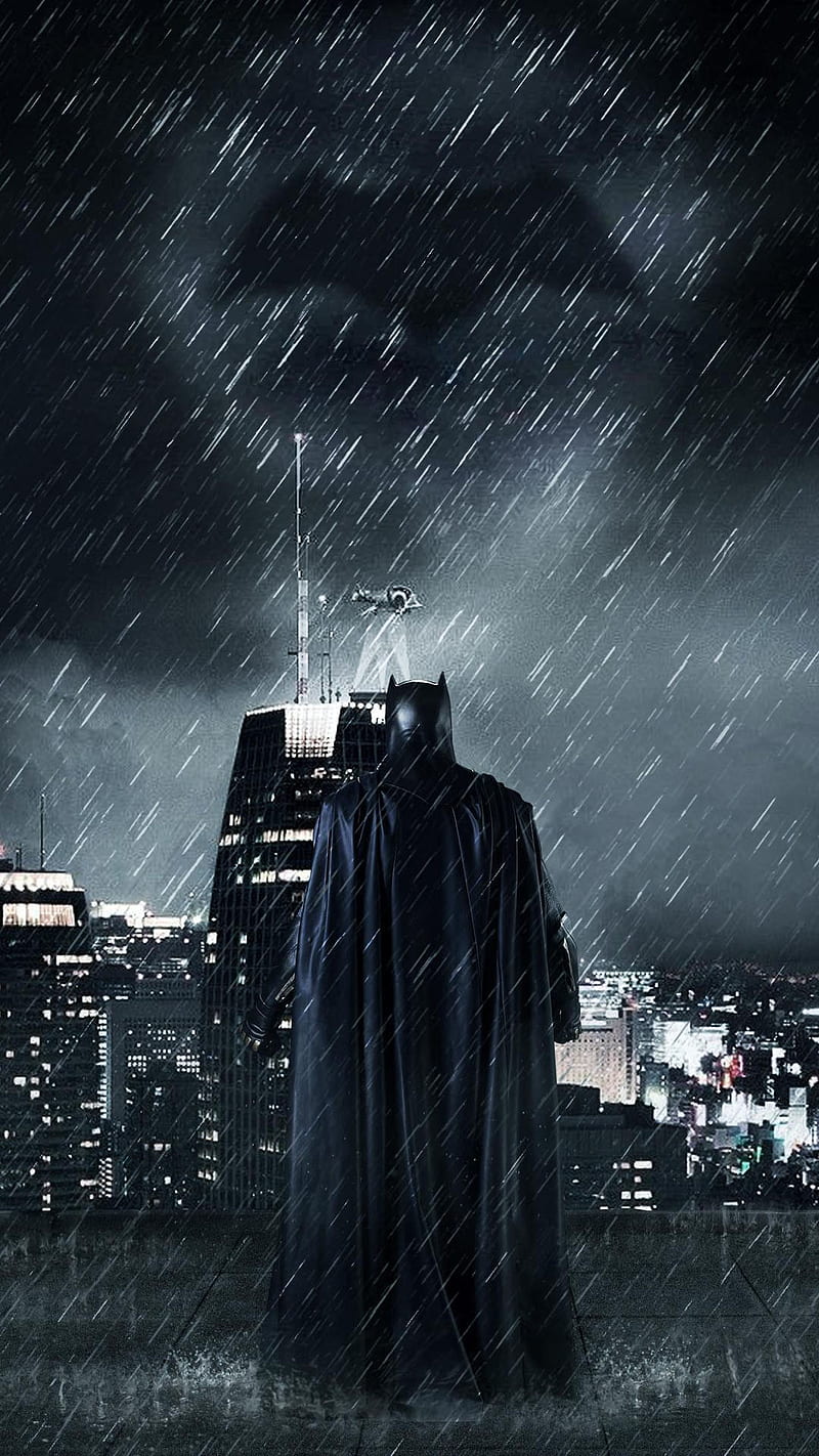 800x1422 Batman, back, bat, building, helicopter, hero, light, man, movie, night, rain, HD phone wallpaper