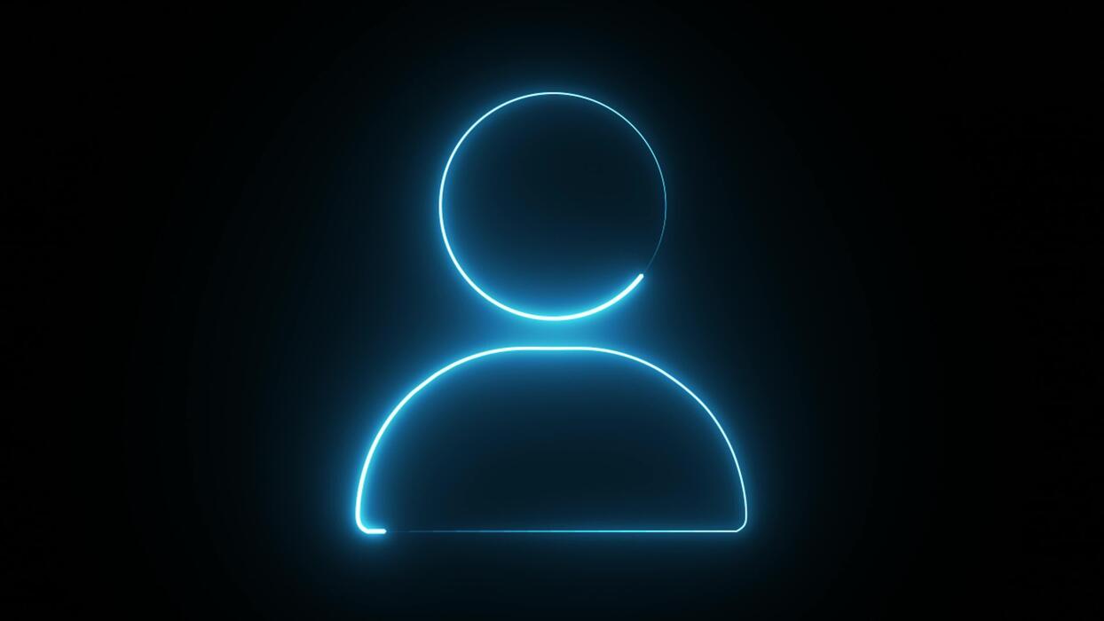 1244x700 A modern glowing blue neon user icon illuminated against a stark black backdrop
