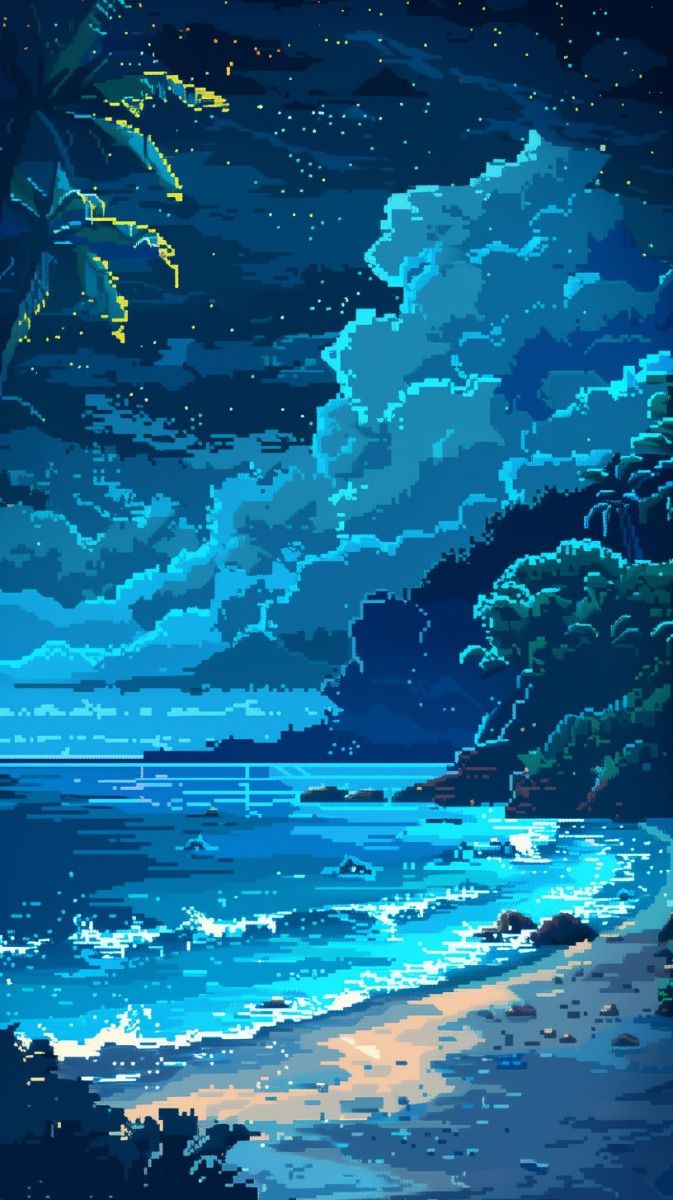 673x1200 Pixel Art Beach View Wallpaper