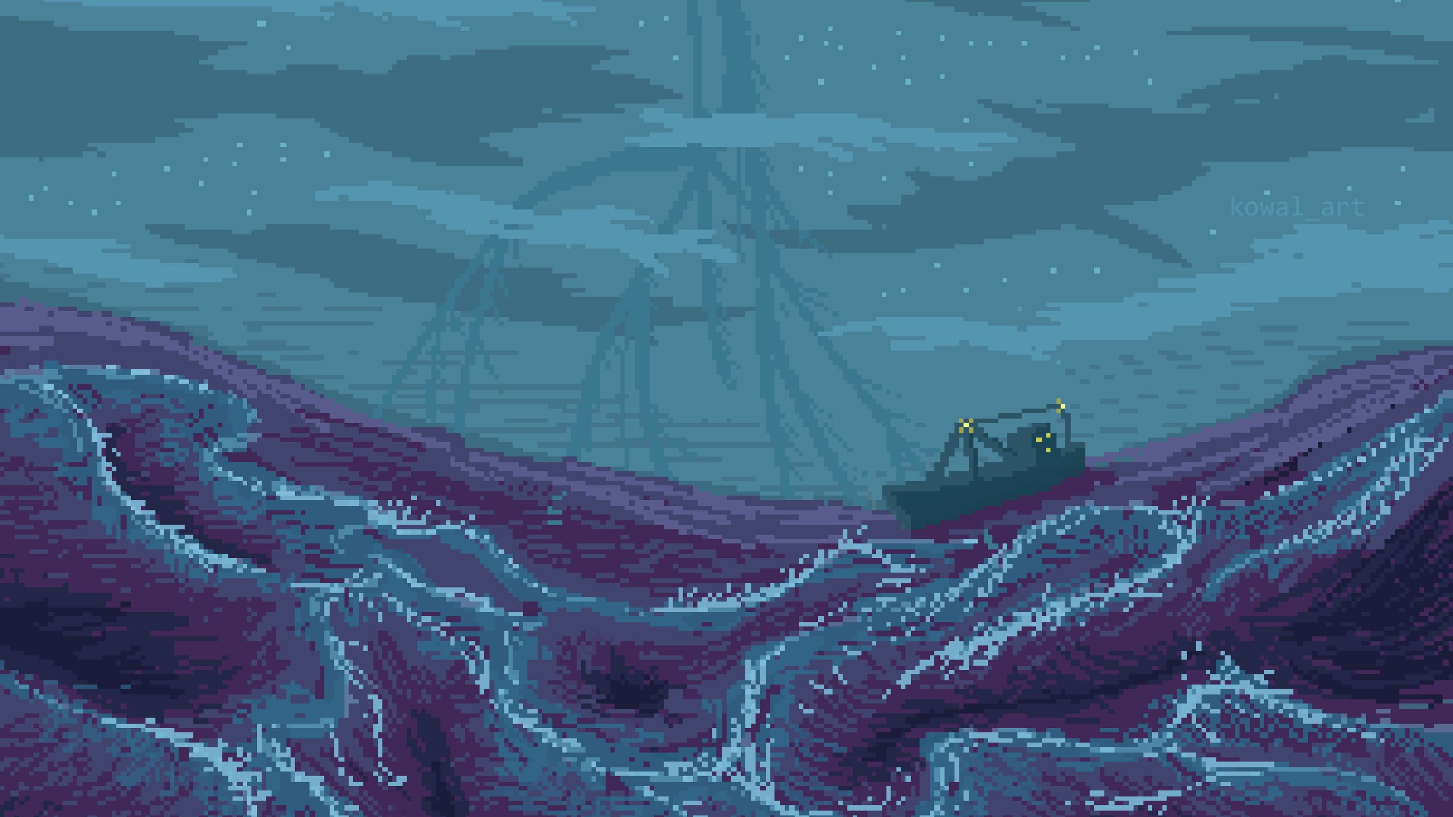 2880x1620 Download Pixel Art, Art, Storm, Sea, Ship, Pixelated Wallpaper in 2880x1620 Resolution