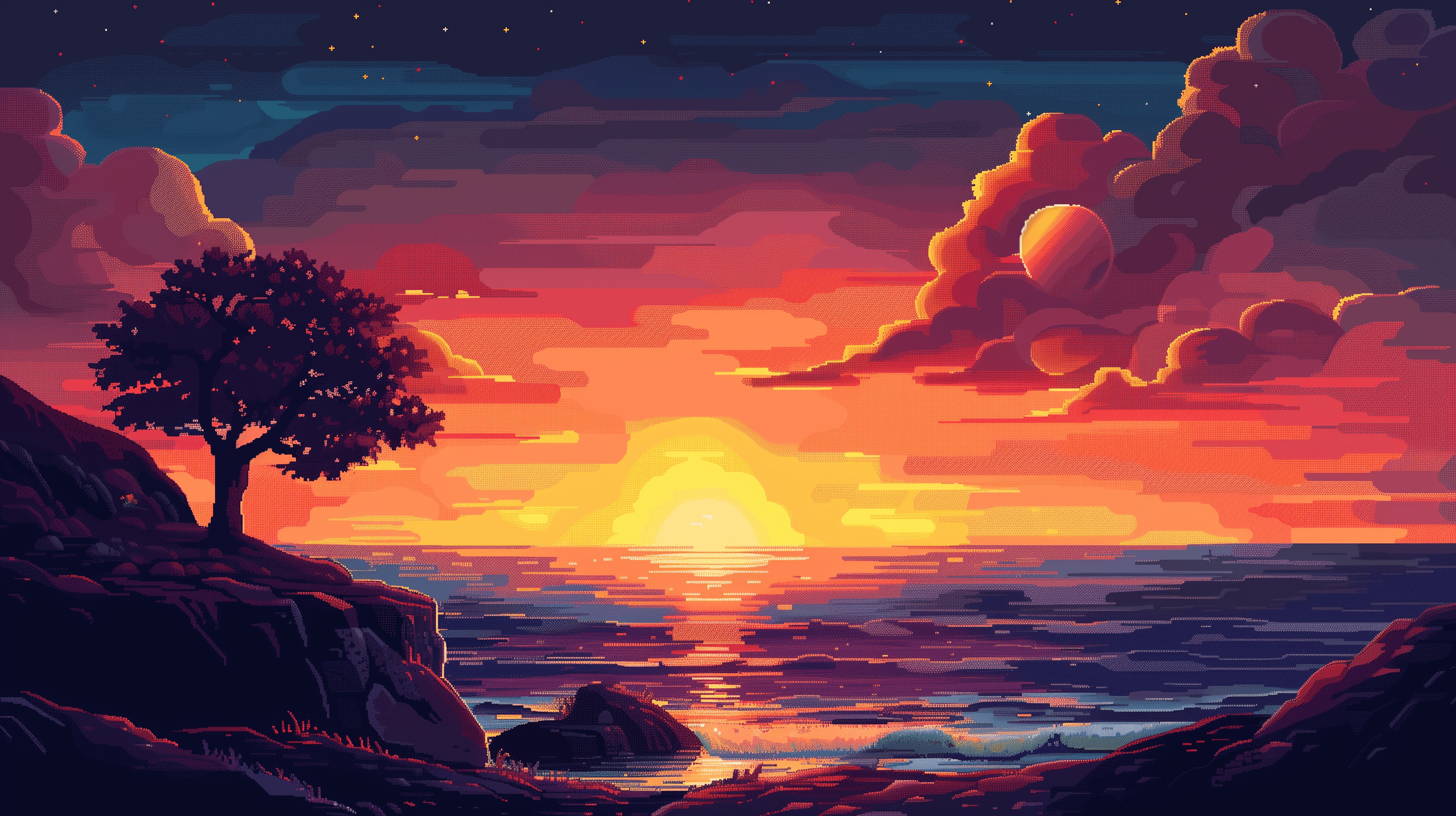 2912x1632 Pixel Art Sunset: Serene Nature HD Wallpaper