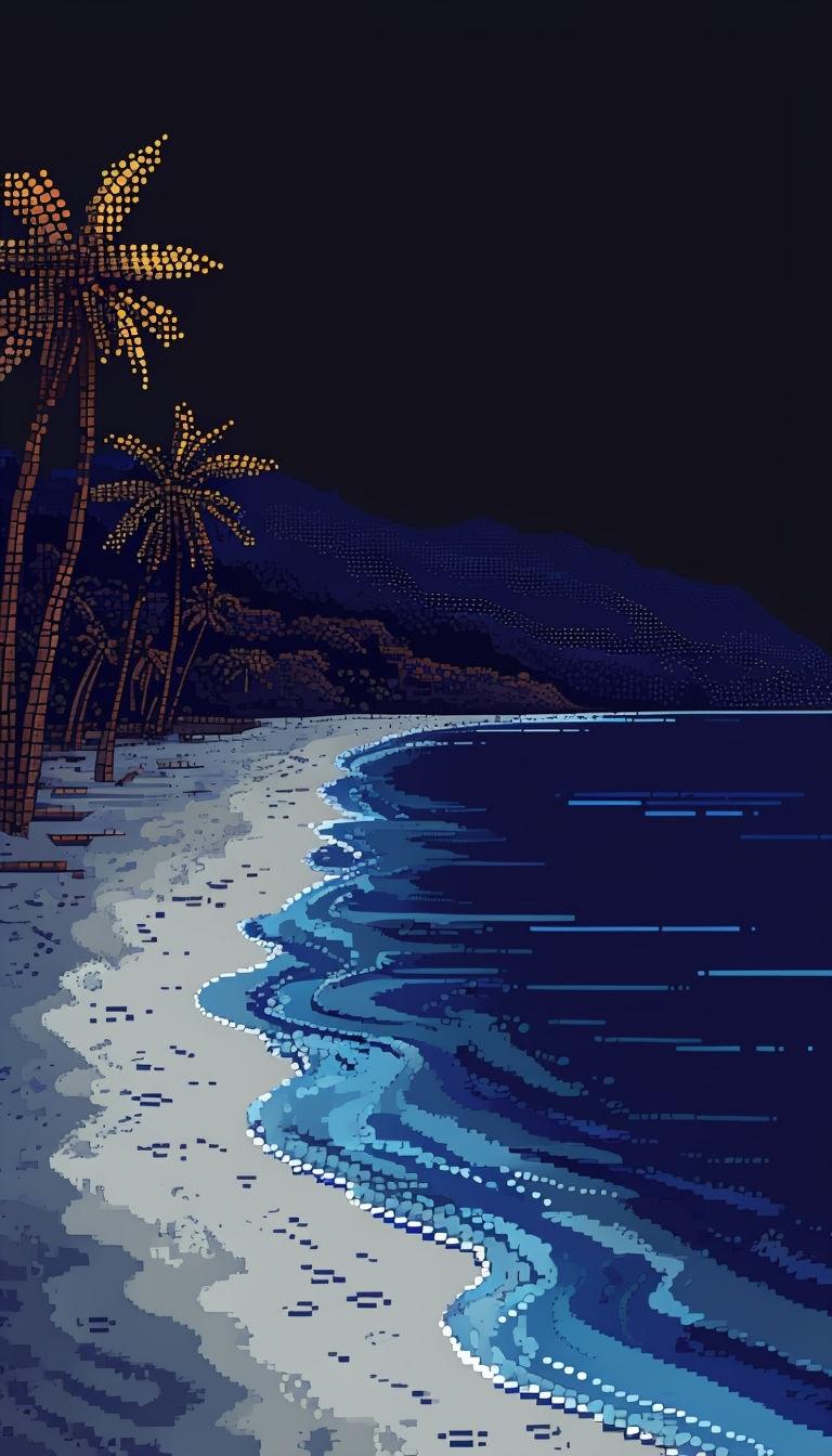 768x1344 Tranquil 8 Bit Night Beach Scene Pixel Art Mobile Wallpaper