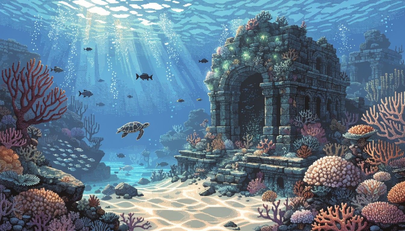 1344x768 Download Underwater Pixel Paradise Image, Pixel, Ocean