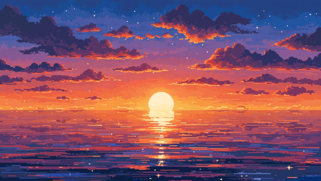 1360x768 Download Pixelated Solar Seascape Image, Sun, Ocean