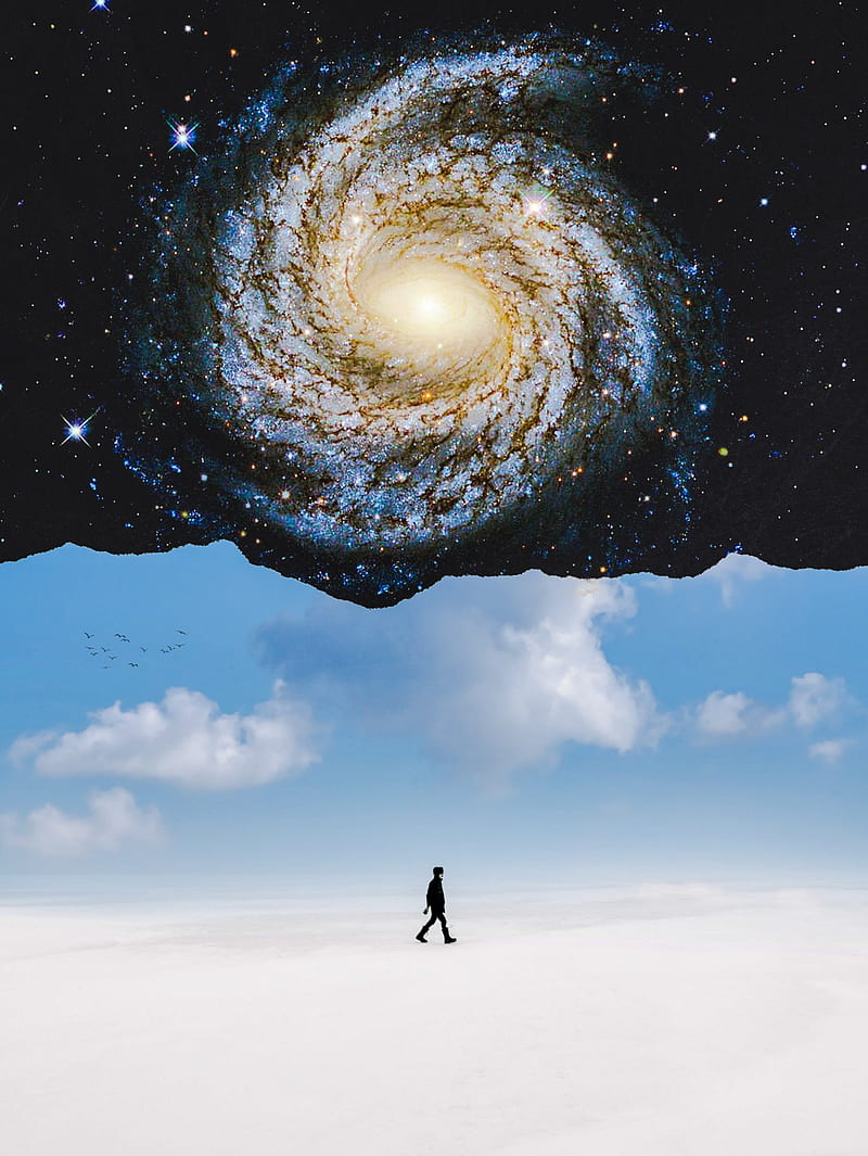 800x1065 Galaxy Paper Sky Cloud, alone, clouds, space, stars, torn paper, universe, walking, HD phone wallpaper