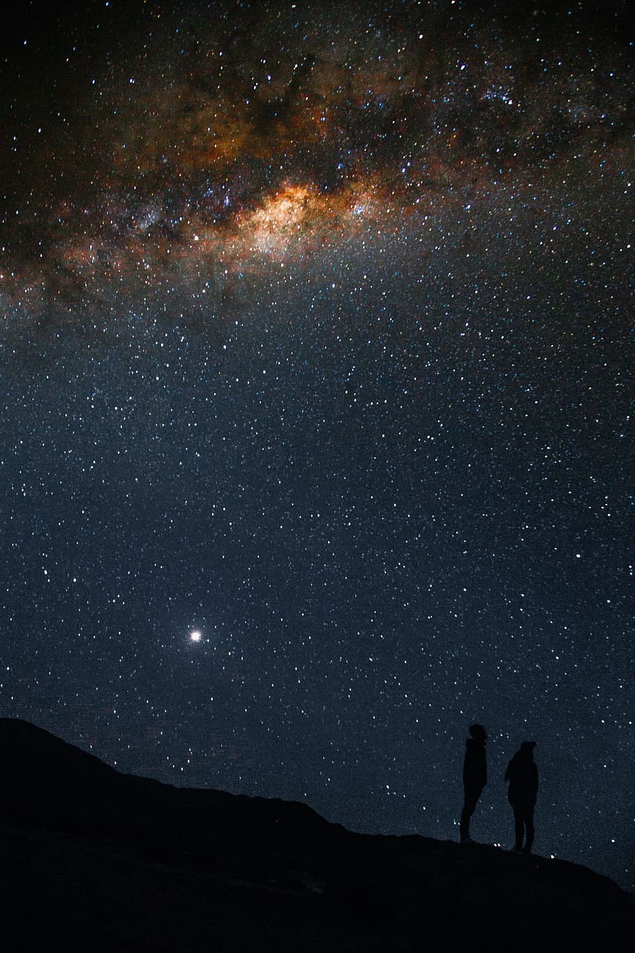 910x1365 silhouette, two, person, standing, milky, way sky, nighttime, sky
