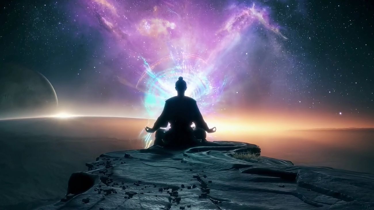 1300x731 Silhouette meditating cliff sunset, cosmic