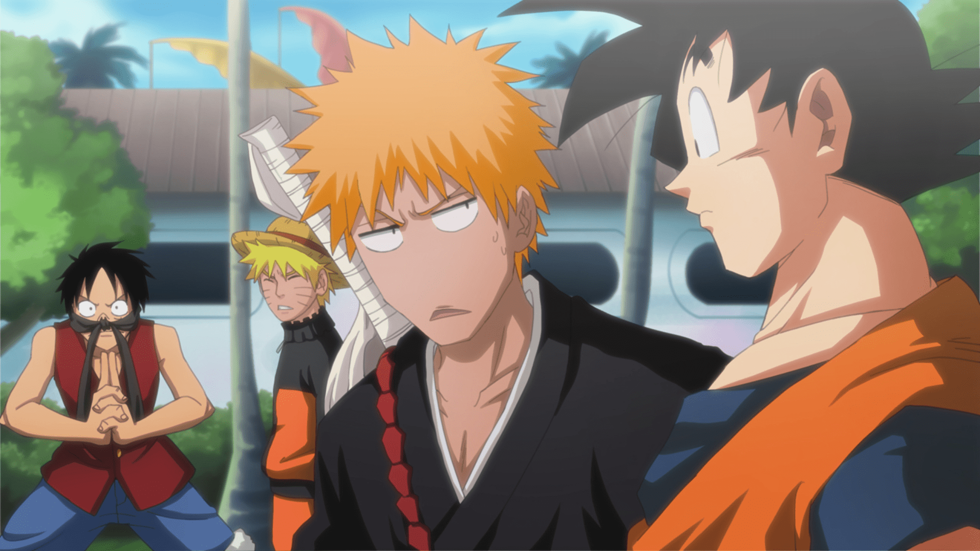 1920x1080 Epic Anime Crossover: HD Wallpaper of Goku, Ichigo, and Luffyx1080