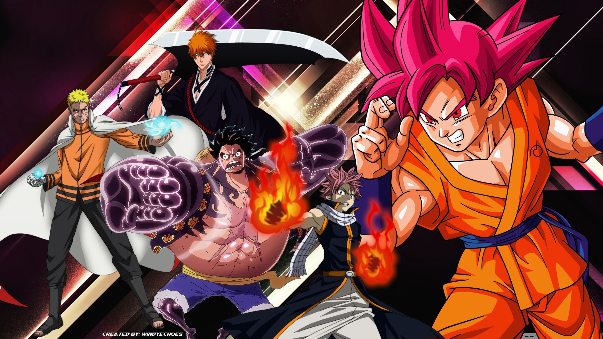 2560x1440 Desktop wallpaper: Goku, Monkey D Luffy, Dragon Ball, One Piece, Ichigo Kurosaki, Anime, Crossover, Bleach, Fairy Tail, Naruto Uzumaki, Naruto, Natsu Dragneel 4K free download for PC. 798125