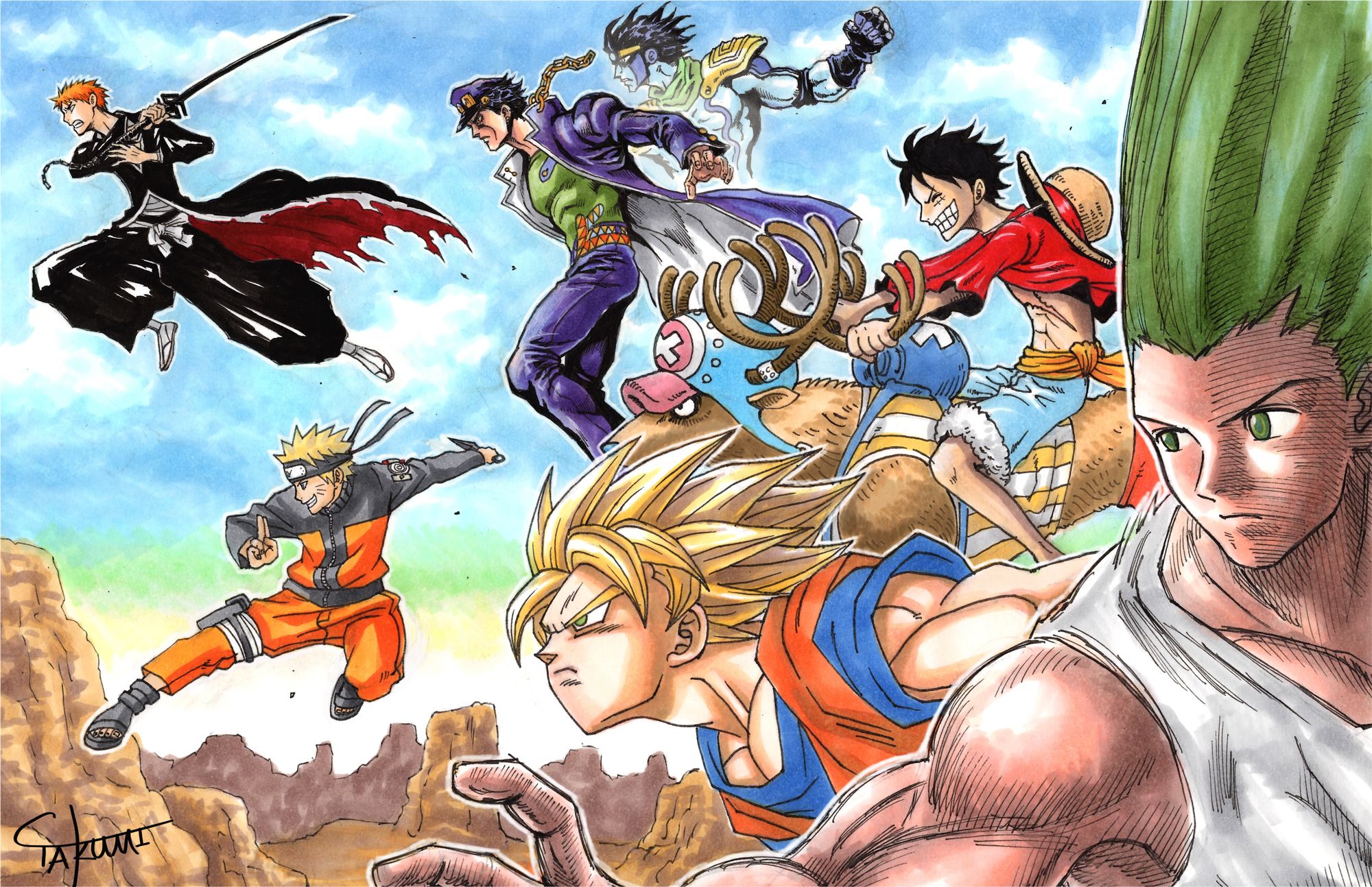 2000x1294 Phone wallpaper: Naruto, Anime, Crossover, Bleach, Dragon Ball Z, Goku, Gon Freecss, Hunter X Hunter, Ichigo Kurosaki, Jojo's Bizarre Adventure, Jotaro Kujo, Monkey D Luffy, Naruto Uzumaki, One Piece, Tony Tony Chopper