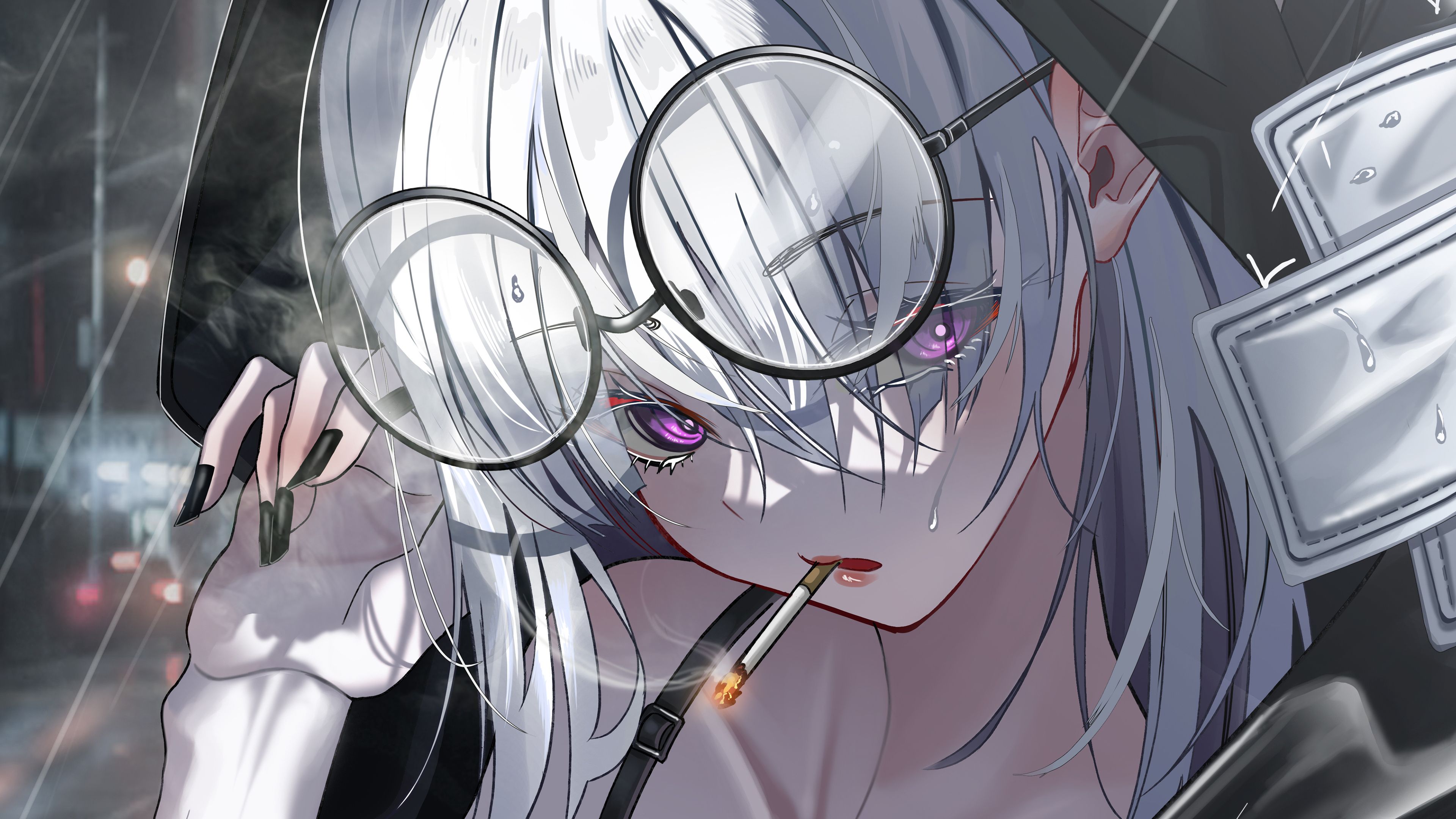 3840x2160 Anime girl with glasses white hair