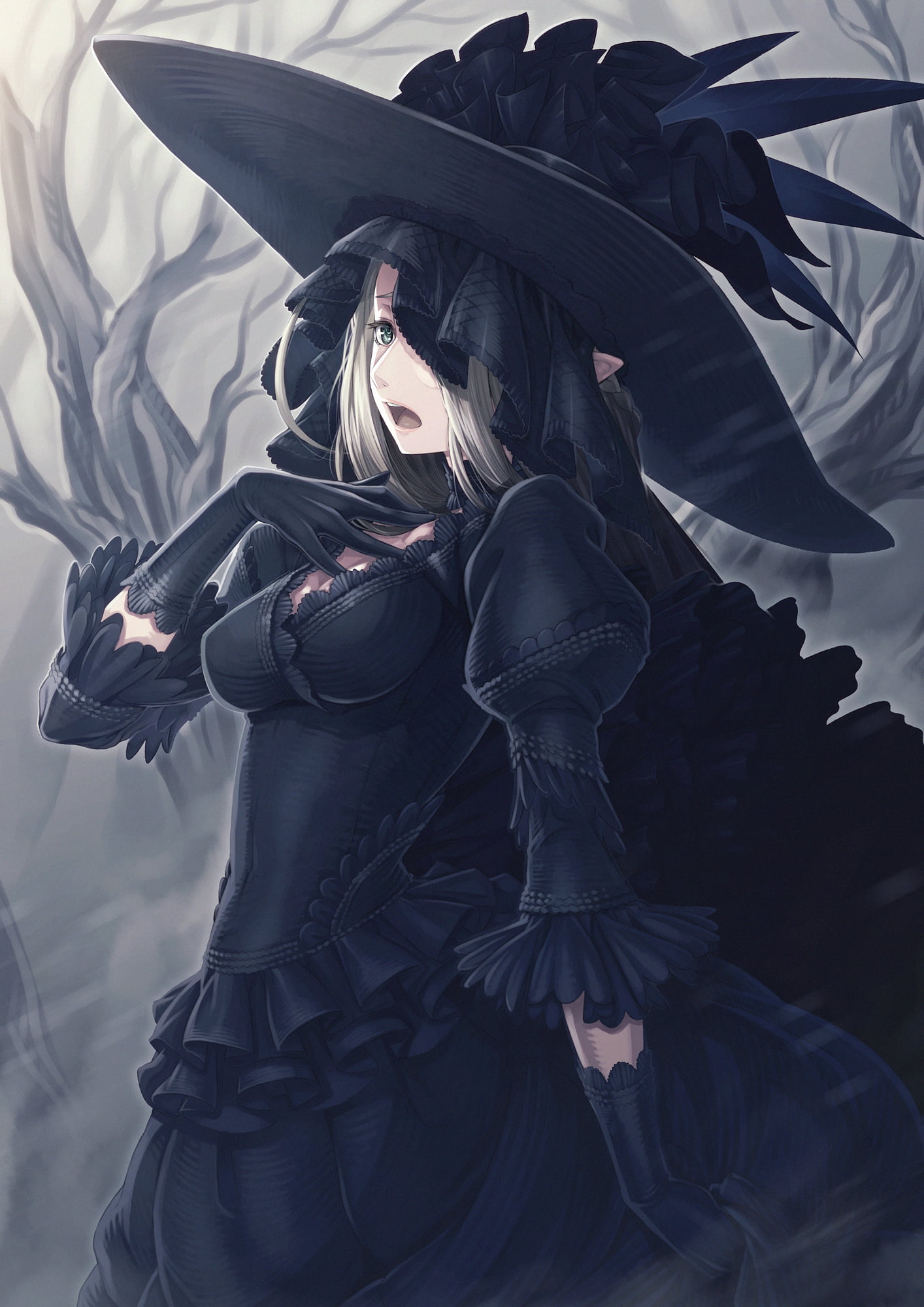 1414x2000 Gray haired female anime character with black dress, fantasy art HD wallpaper