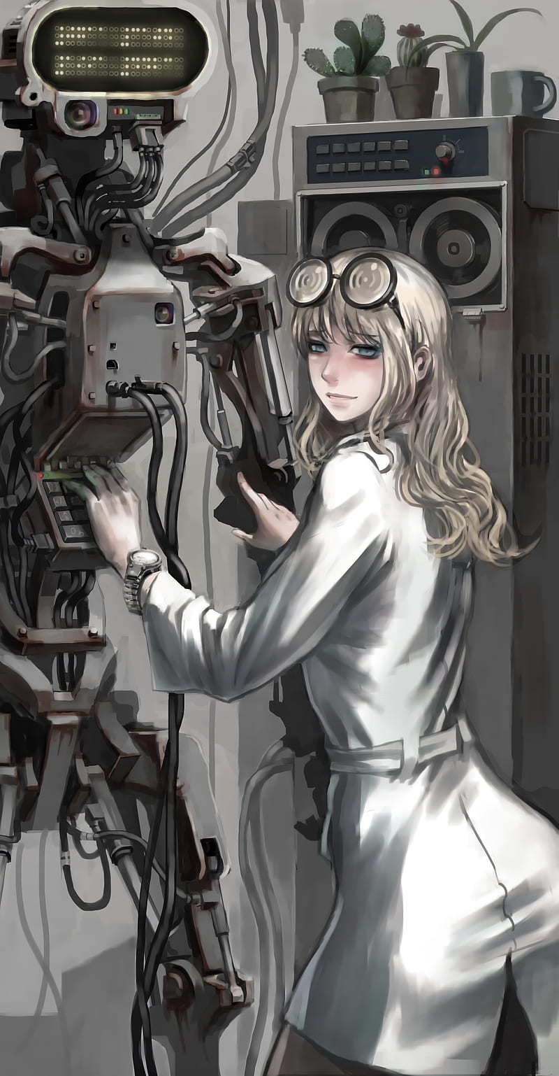 800x1538 Anime, anime girls, robot, long hair, gray hair, scientists, glasses, HD phone wallpaper