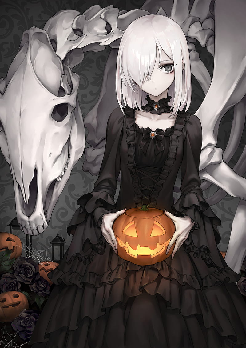 800x1131 Halloween, pumpkin, skeleton, black dress, Oopartz Yang, anime girls, white hair, HD phone wallpaper