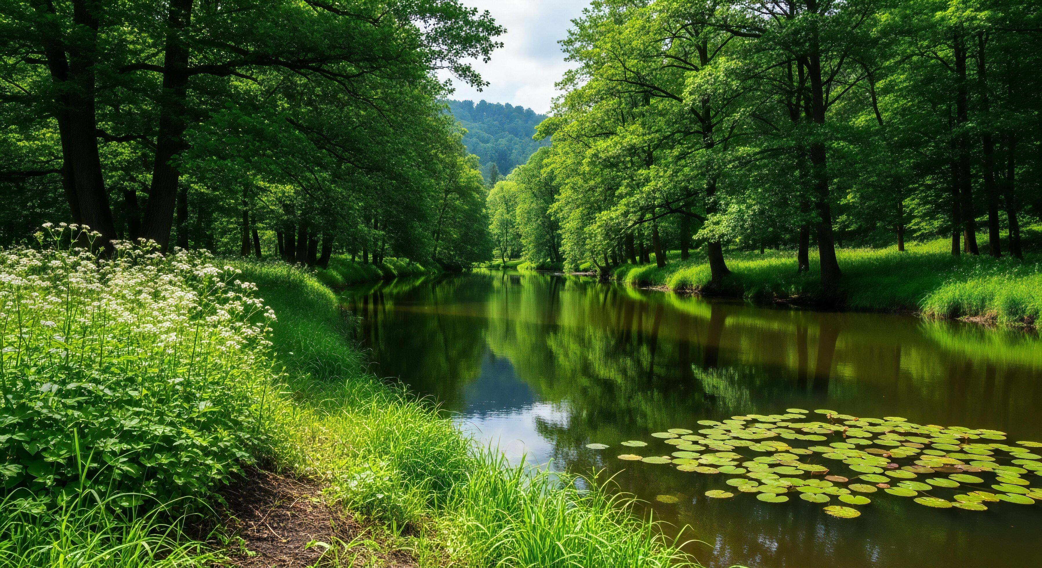 3593x1960 Nature background, Nature wallpaper, Serene river flowing through a lush green forest with reflections and lily pads