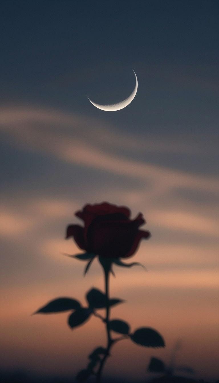 768x1344 Serene Twilight Rose with Crescent Moon in Tranquil Sky Mobile Wallpaper