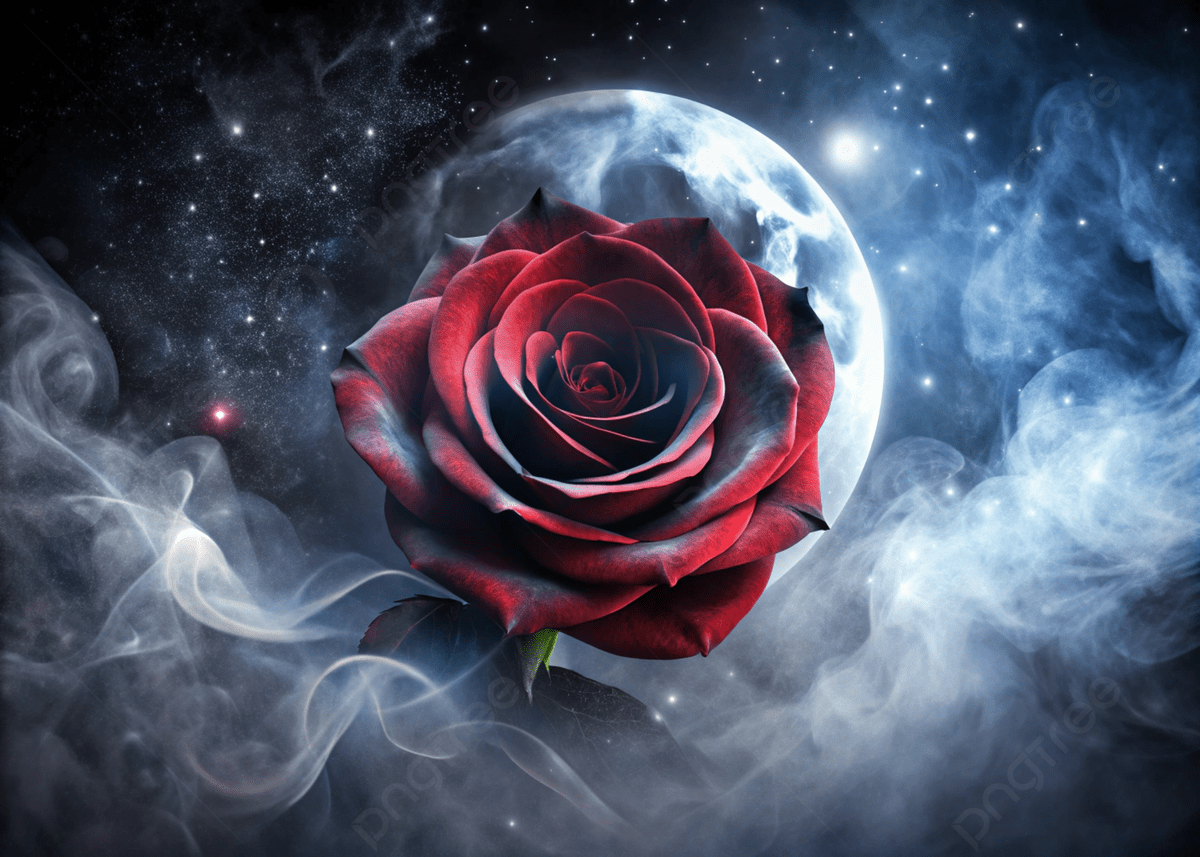 1200x857 Enchanting Red Rose With Delicate Petals Surrounded By Cosmic Mist And A Glowing Moon Photo And Picture For Free Download