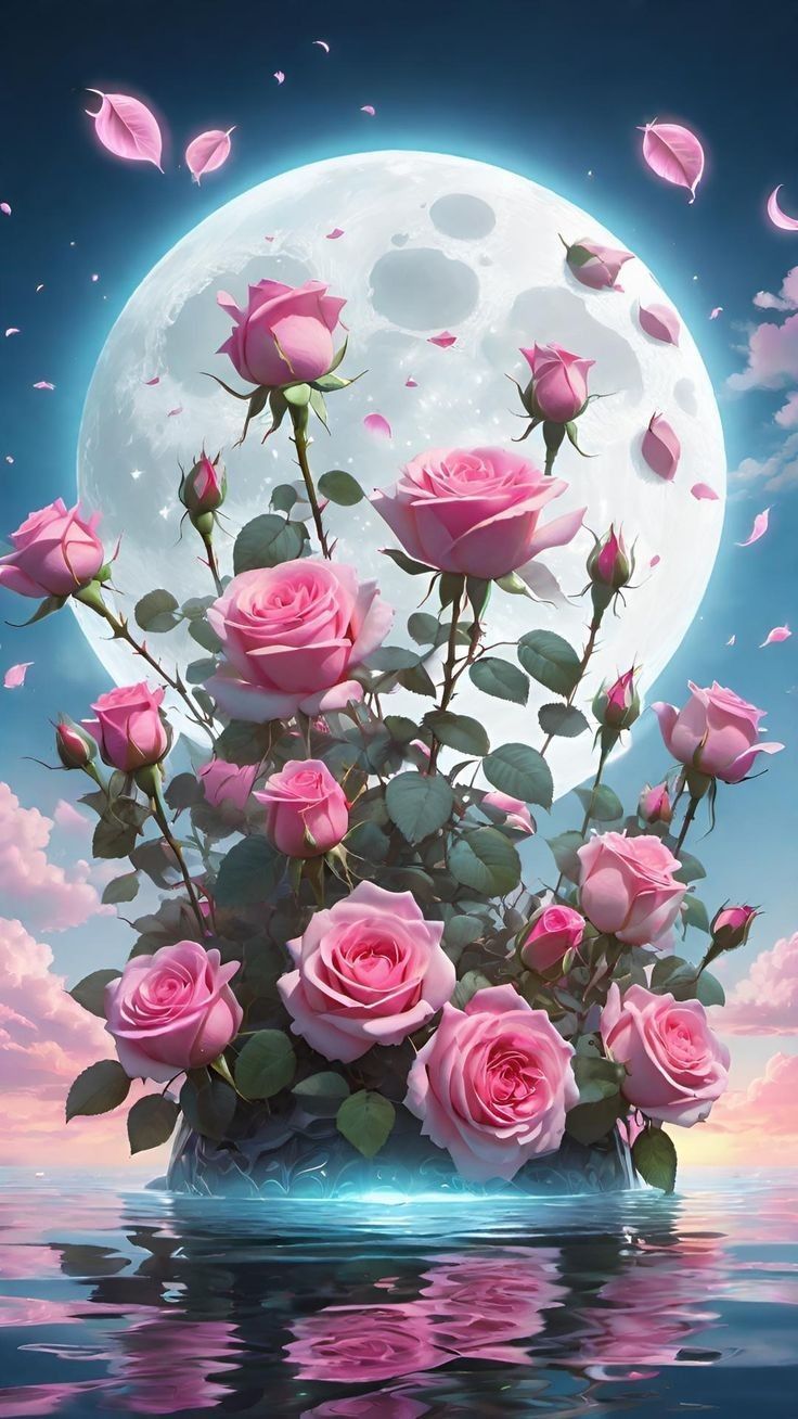 736x1308 Pink Roses Floating Under a Full Moon. Roses under the moon, Pink moon and roses, Purple roses with full moon