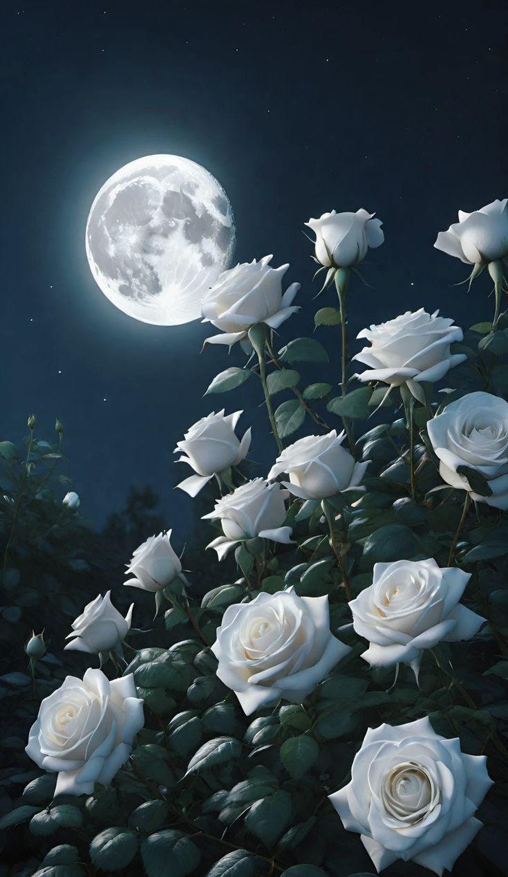 735x1268 White Roses and Full Moon Wallpaper. Roses and moonlight background, Roses under full moon, Roses under moonlight