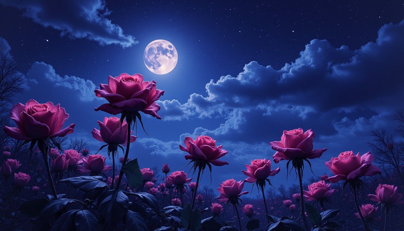 1344x768 Download Moonlit Rose Garden Image, Moon, Night