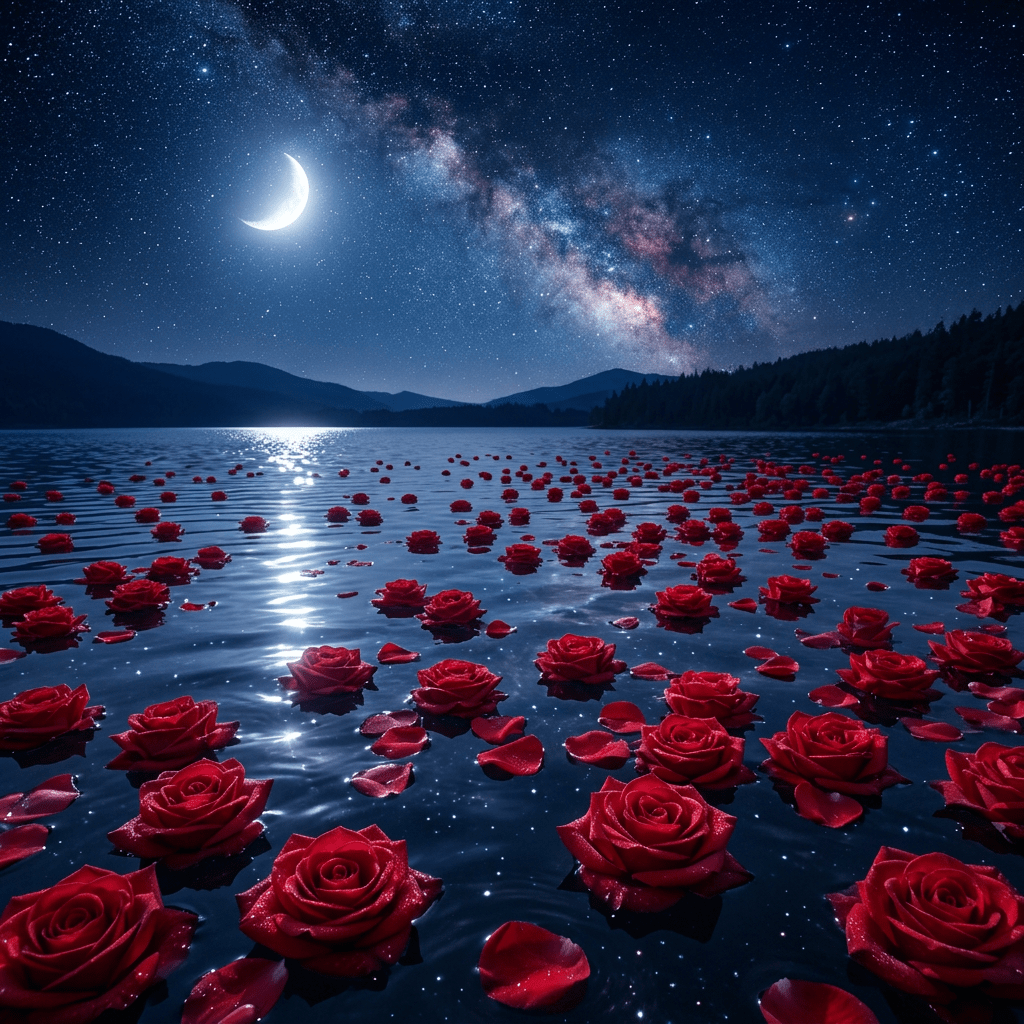 1024x1024 8K Red Roses In Magia Moon Water With Stars Background. Stunning Image. AI Art Generator. Easy Peasy.AI