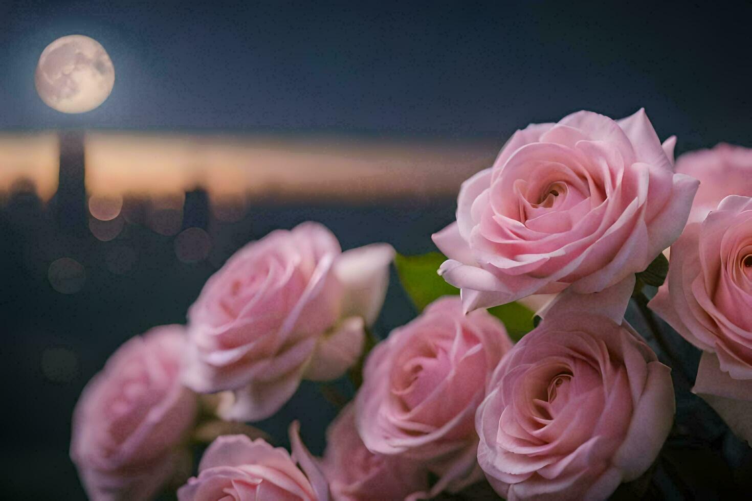 1470x980 Pink Roses In Front Of A Full Moon. AI Generated