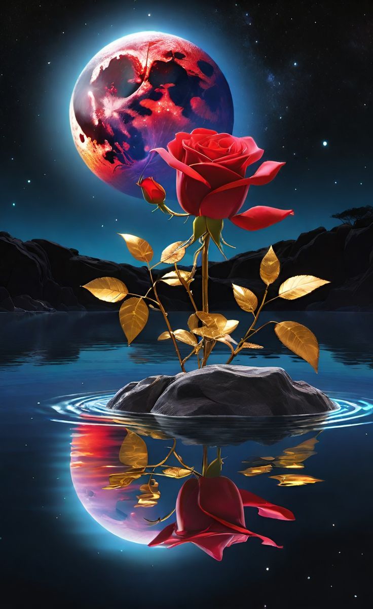 736x1201 Red Rose on a Rock in Water with Full Moon. Full moon rose art, Moon
