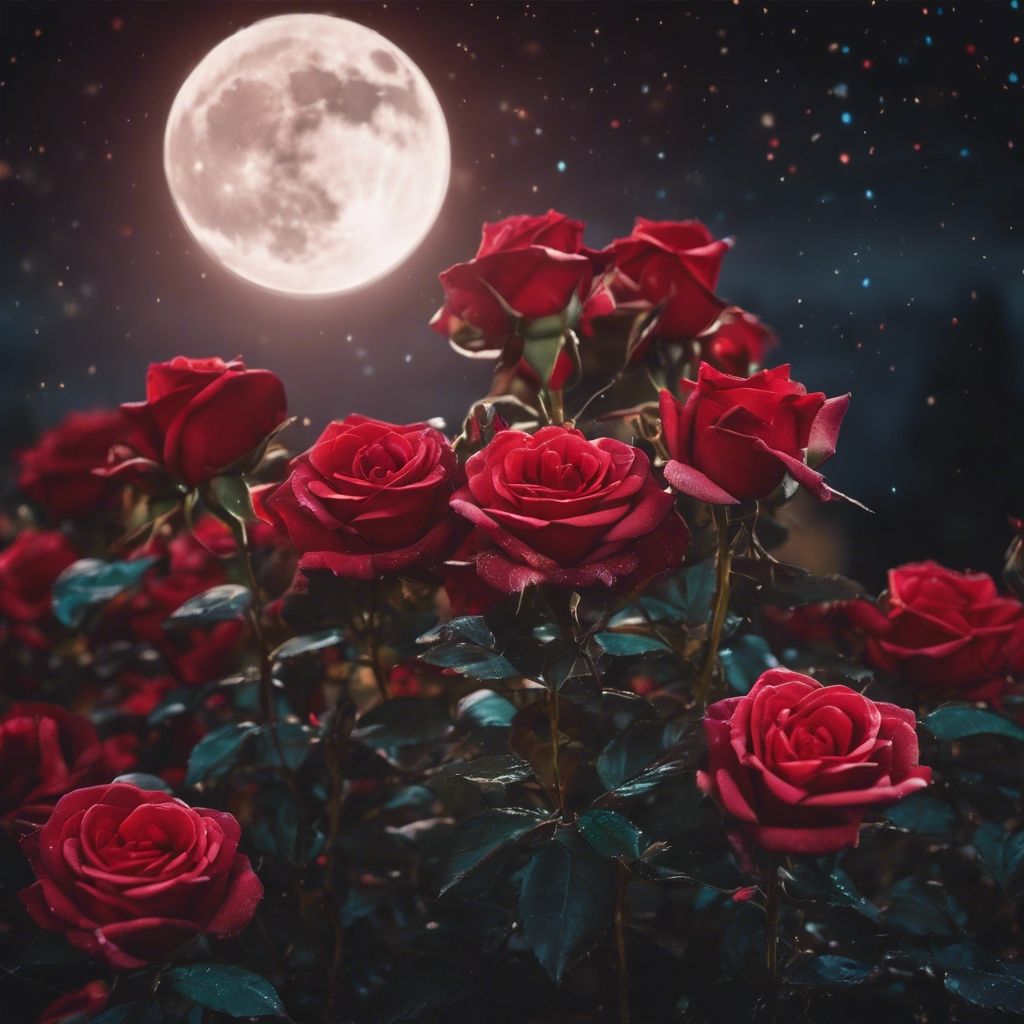 1024x1024 A night view of the vibrant red roses blooming under the moonlight. Wallpaper [6b6201492e2847b8b069]