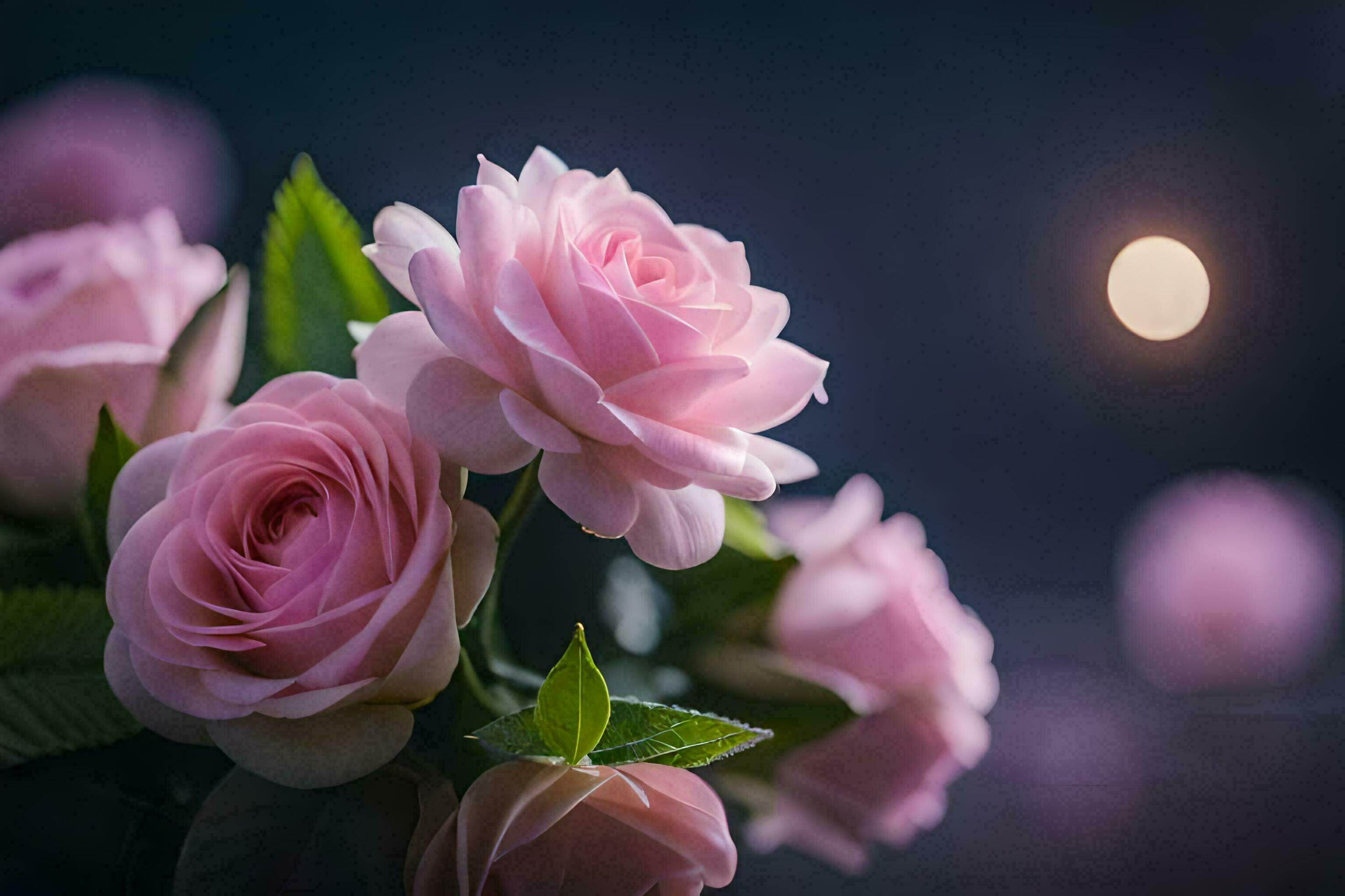 2940x1960 Pink Roses Are Reflected In The Water With The Moon In The Background. AI Generated