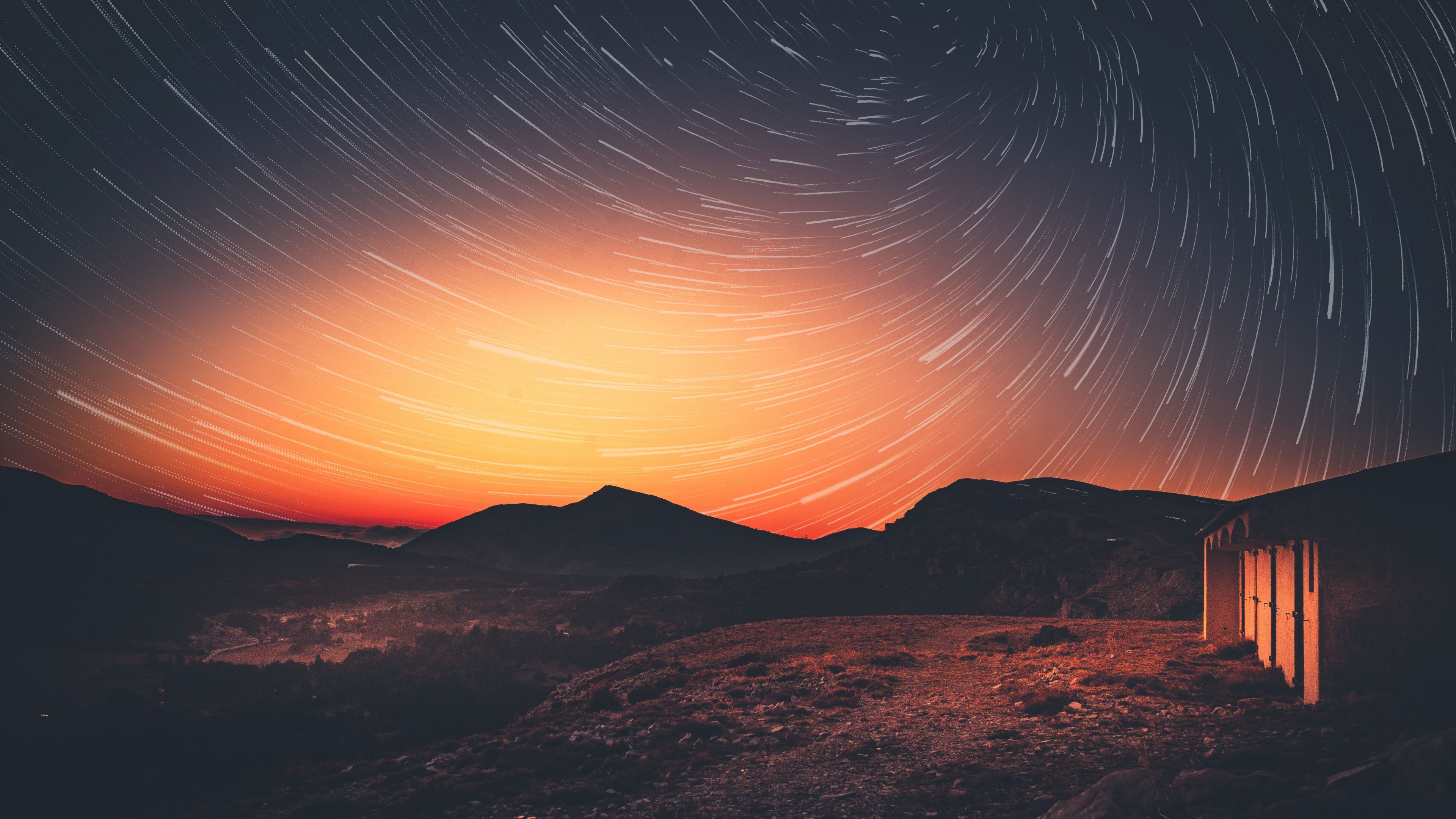 3840x2160 Sunset Wallpaper 4K, Star trail, Dawn, Landscape, Dusk