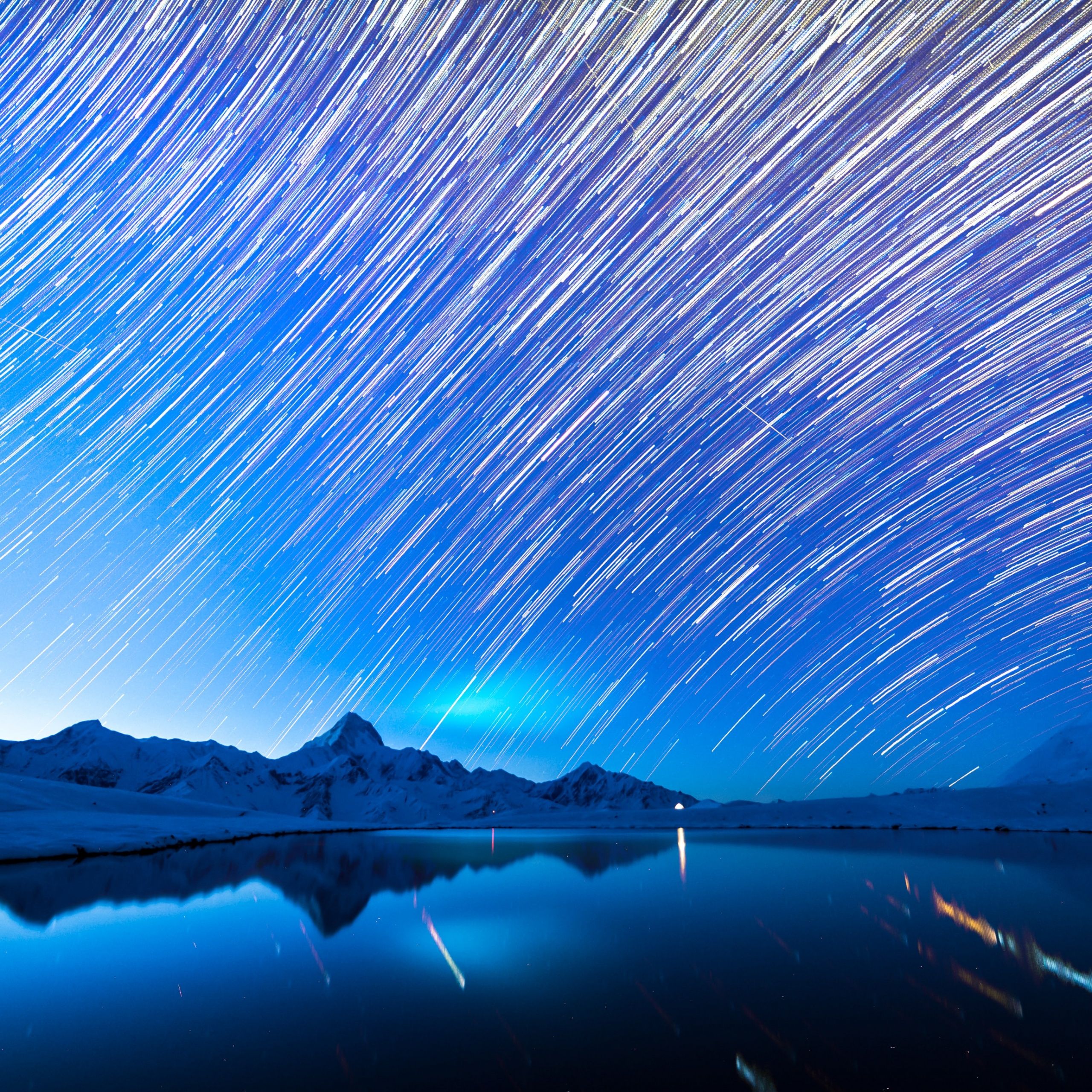 2560x2560 Star Trails Wallpaper 4K, Astronomy, Mountain range