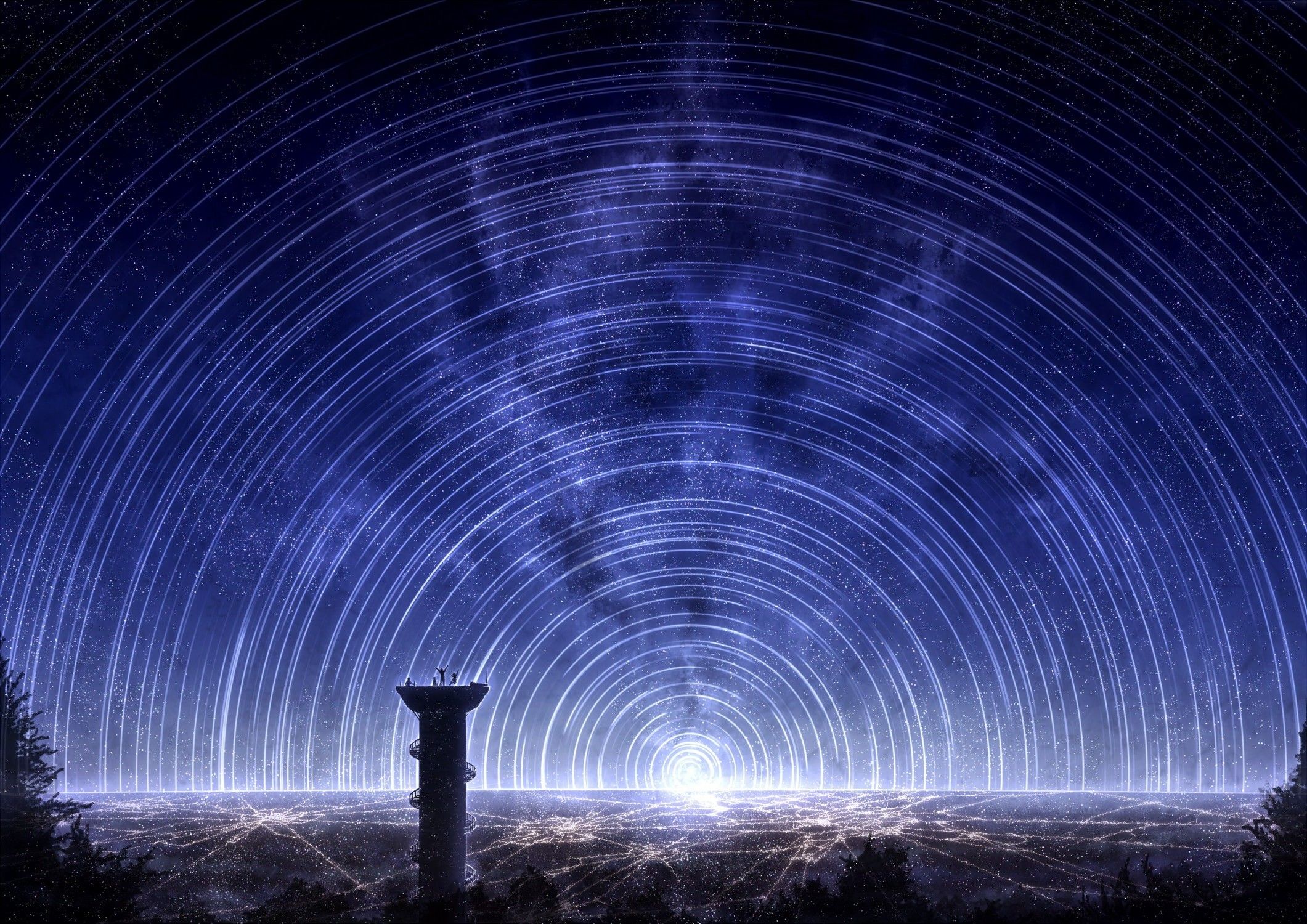 2121x1500 fantasy Art, Digital Art, Star Trails, Night, Night Sky, City Lights Wallpaper HD / Desktop and Mobile Background