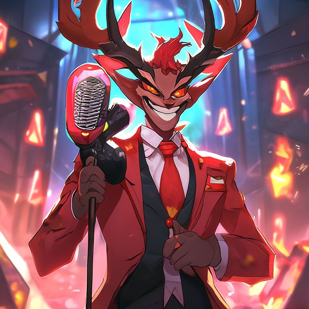1024x1024 Alastor, The Radio Demon, Is A Red Human Like Deer Demon With Red Ears, Black Moose Horns, Two Meters Tall With A