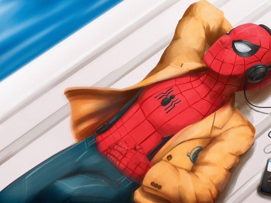 1024x768 Spider Man Listening To Music Wallpaper